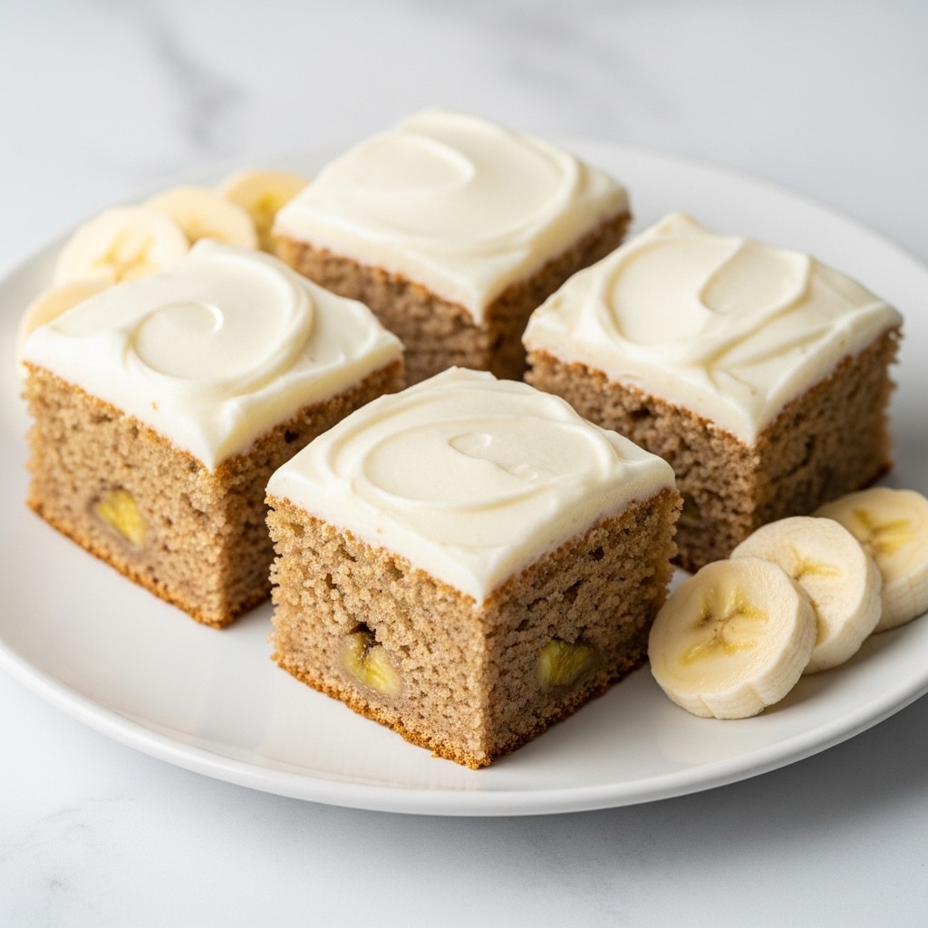 A white plate holds four square pieces of banana cake with a light brown, moist texture dotted with small banana bits inside. Each piece has one thick, smooth, creamy white frosting layer on top. Some fresh banana slices are placed beside the cake squares on the plate. The plate rests on a white marbled textured surface. photo taken with an iphone --ar 4:5 --v 7