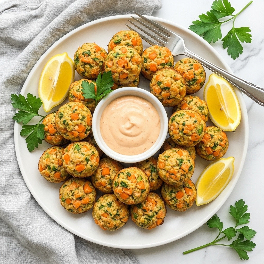 A white plate holds about 14 small, round, golden-brown baked bites that have visible orange and green bits inside, showing a mix of finely chopped vegetables and herbs. In the center of the plate, there is a small white bowl filled with a creamy light orange dipping sauce. Lemon wedges with bright yellow skin and fresh green parsley sprigs are placed around the edges of the plate. A silver fork rests on the plate's edge, and the whole scene is set on a white marbled surface with a light gray cloth nearby. Photo taken with an iphone --ar 4:5 --v 7