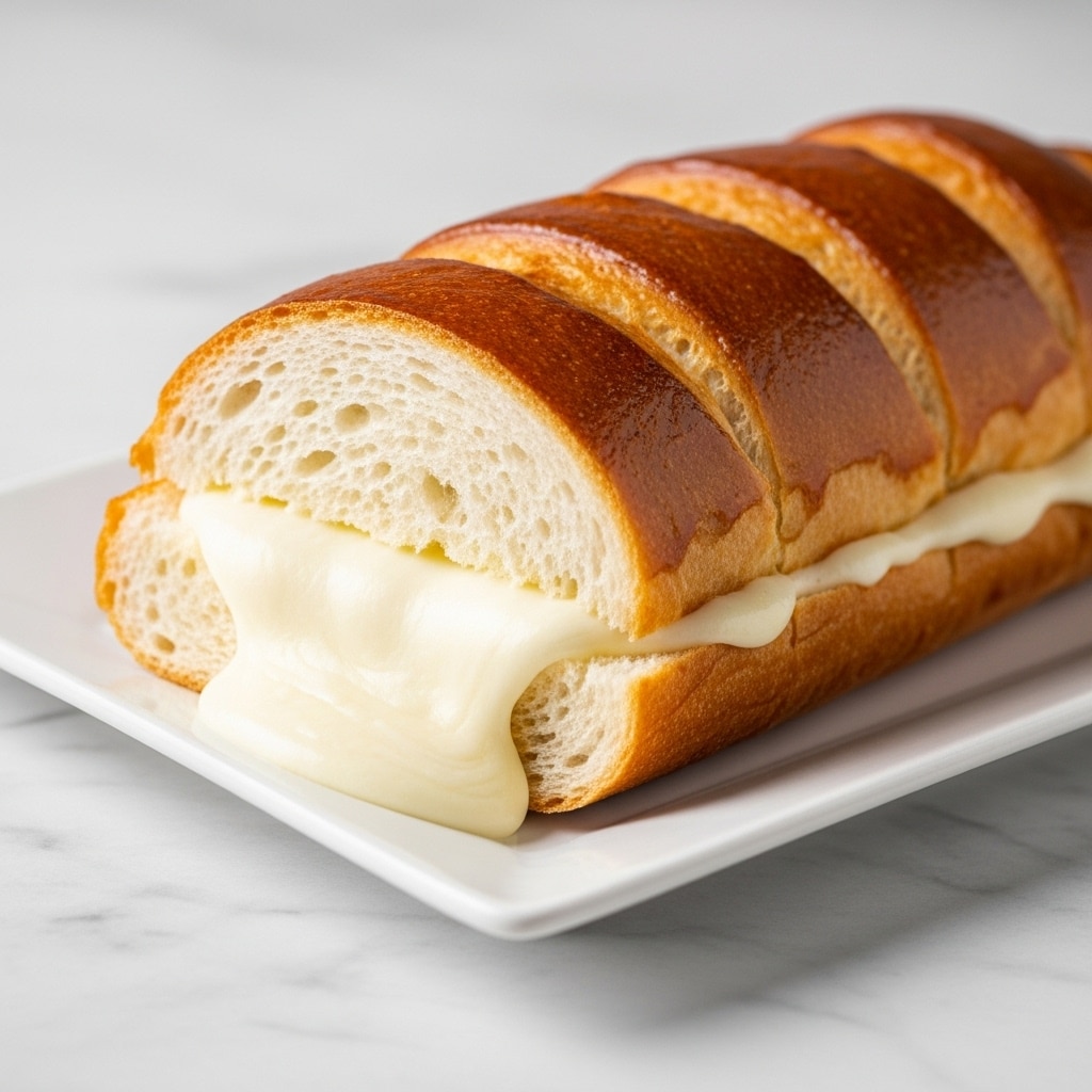 A long bread loaf with a shiny golden-brown crust on the top is cut open in the middle. Inside, there is a thick layer of melted white cheese stretching out and oozing down onto a white square plate beneath the bread. The bread’s inside is soft and white with a light, airy texture, and the bottom crust is darker brown. The dish is placed on a white marbled surface. Photo taken with an iphone --ar 4:5 --v 7