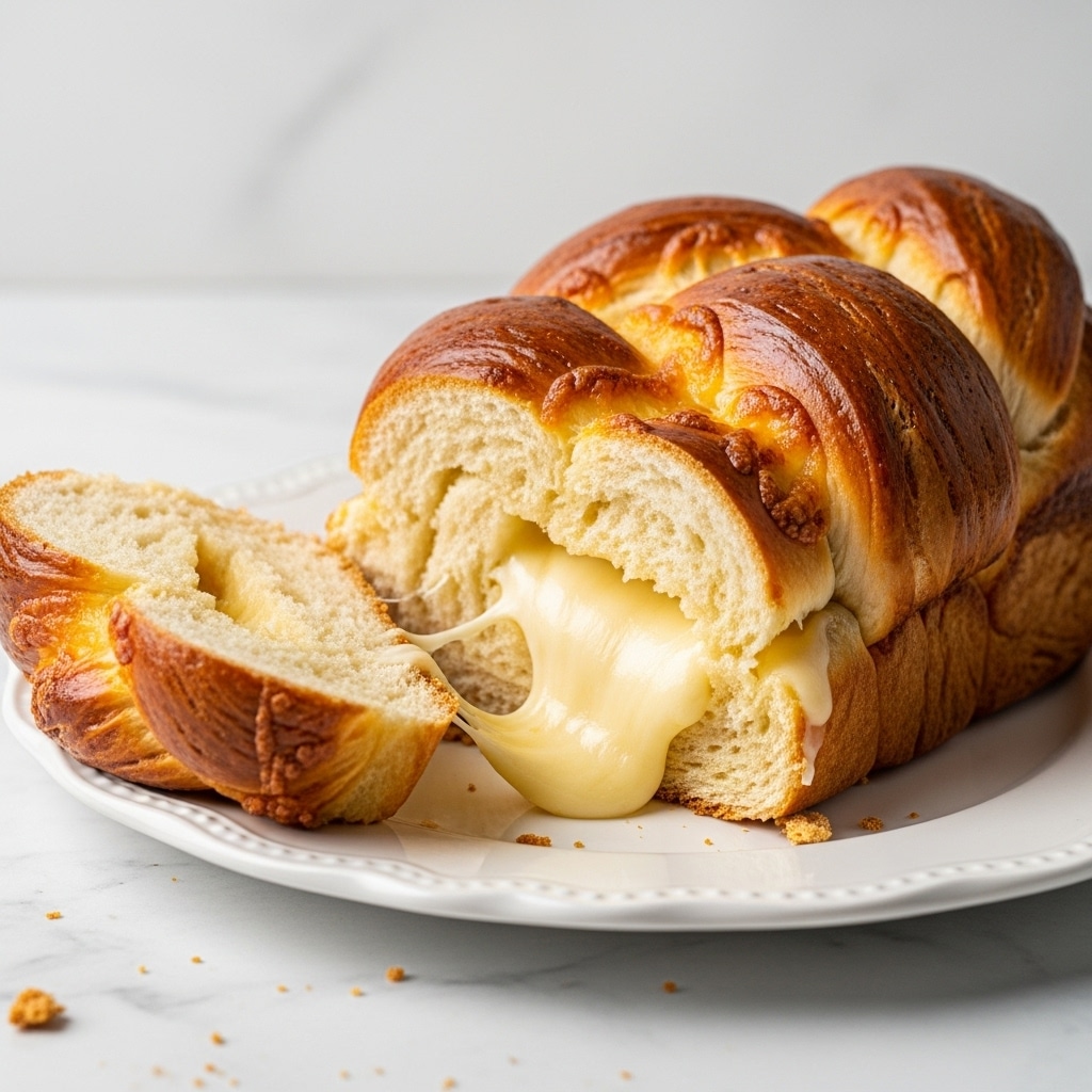 A braided golden brown bread loaf with a shiny, smooth crust sits on a white plate with a ruffled edge. The loaf is sliced at the front, revealing a soft, light, and fluffy inside with a creamy, melted cheese layer dripping thickly out from between the bread layers. The cheese is smooth and pale yellow, adding a glossy texture that contrasts with the bread’s airy crumb and slightly darker baked bottom crust. The plate rests on a white marbled surface with some small bread crumbs scattered around the base. photo taken with an iphone --ar 4:5 --v 7