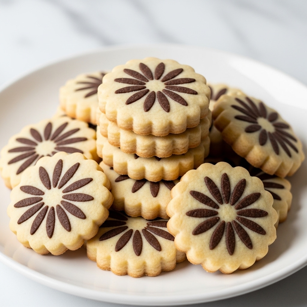 A stack of round cookies with scalloped edges sits in the center of a white plate. Each cookie has a light beige color with a smooth texture and a dark brown flower-like pattern in the middle, resembling delicate petals radiating from the center. The cookies are neatly piled, some overlapping each other, against a soft white marbled surface background. Photo taken with an iphone --ar 4:5 --v 7