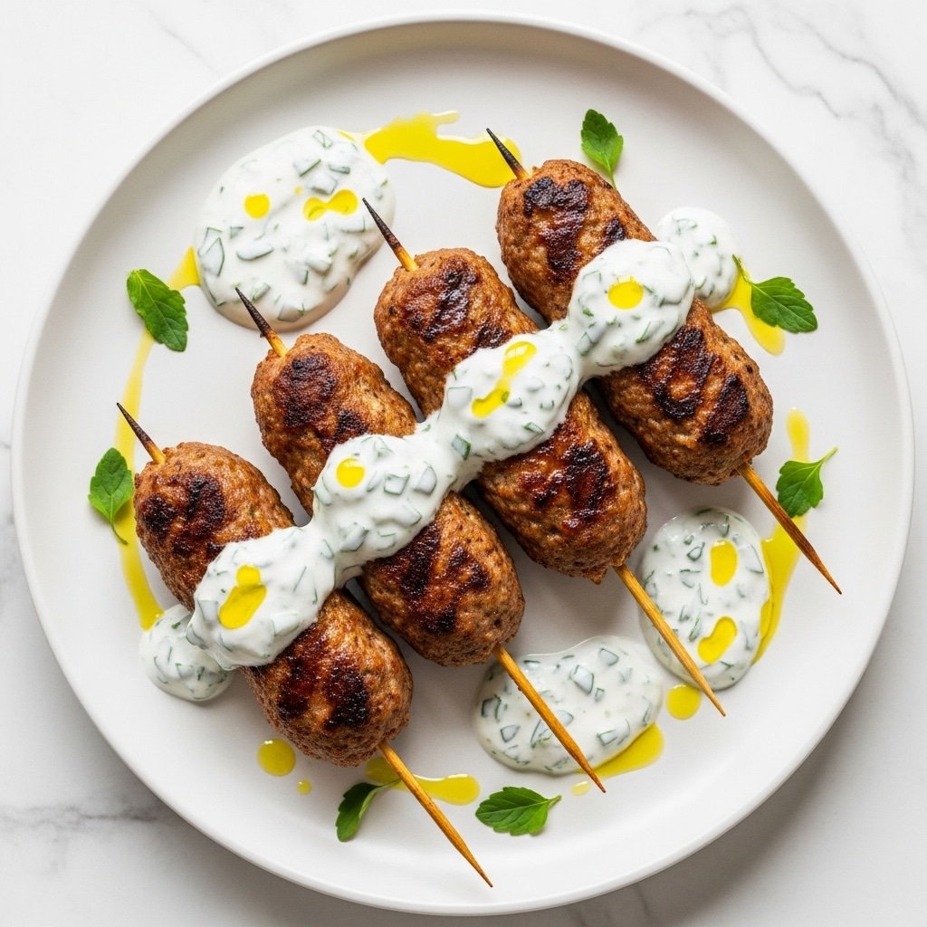 The image shows five browned, grilled meat skewers placed side by side on a white plate resting on a white marbled surface. Each skewer has a deep golden brown texture with some char marks, and dollops of white creamy sauce with green herb flecks are spread evenly on top of the meat pieces. The plate is also covered with more of the creamy sauce mixed with finely chopped green herbs, and small drops of yellow oil add brightness around the edges. Fresh green herb leaves are scattered around the plate, enhancing the dish’s vibrant presentation. Thin wooden skewers pierce through each piece of meat, lined in parallel. Photo taken with an iphone --ar 4:5 --v 7