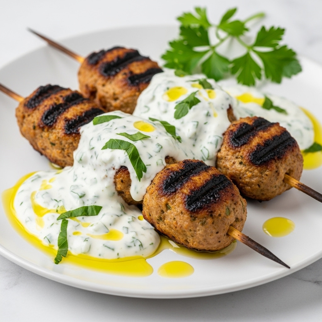 The image shows three grilled meat skewers placed on a white plate, each skewer having three plump, browned meat pieces with charred spots for a grilled look. A creamy white sauce with green herbs is generously drizzled over the top of each skewer, adding contrast to the golden-brown meat. The sauce covers the base of the plate, with small pools of oil glistening on the surface. Fresh green herbs are sprinkled across the sauce and meat, with a sprig of parsley placed at the back for decoration. The plate sits on a white marbled surface. photo taken with an iphone --ar 4:5 --v 7