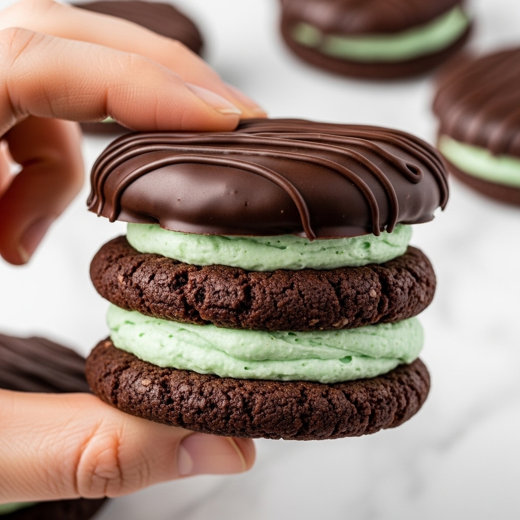A close-up view of a chocolate cookie sandwich held by a woman's hand, showing three layers: the bottom and top layers are dark, rich chocolate cookies with a rough, crumbly texture; the middle layer is a thick, creamy light green filling that looks smooth and soft; the top cookie is covered with a shiny dark chocolate coating, decorated with thin chocolate drizzles running across it. The background is a white marbled surface with blurred chocolate cookies in the distance. Photo taken with an iphone --ar 4:5 --v 7