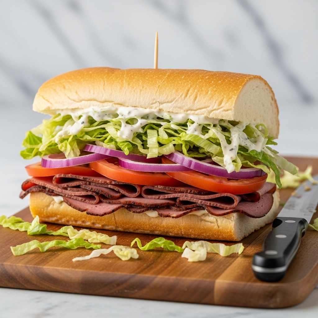 A long sandwich on a white baguette bread cut in half horizontally, filled with multiple layers: the bottom layer has thin white cheese slices, followed by folded thin slices of light brown turkey meat, topped with fresh green lettuce leaves and bright red tomato slices, then sprinkled with shredded white cheese on top; the sandwich rests on a dark rustic surface with some scattered green leaves around, and there is a soft candlelight in the dim background with a white marbled texture surface partially visible. Photo taken with an iphone --ar 4:5 --v 7
