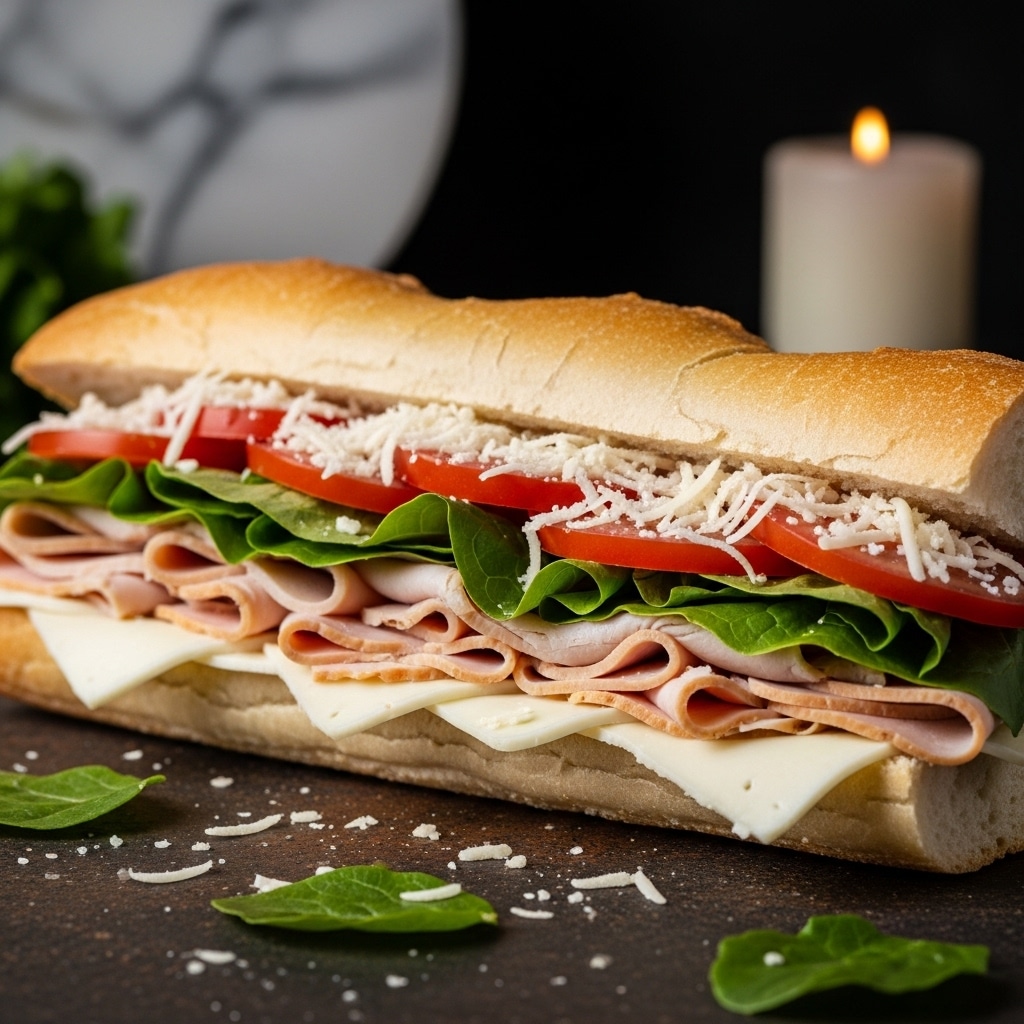 A large sandwich on a white bread roll, cut in half lengthwise and held together with a toothpick in the center, rests on a wooden cutting board. The bottom layer shows slices of dark brown deli meat, topped by thick round slices of bright red tomato. Above the tomato are thin rings of purple onion, covered with a layer of shredded green lettuce mixed with a creamy white dressing. Some pieces of lettuce and dressing have fallen around the sandwich. A knife with a black handle lies next to the sandwich on the cutting board, and the background is a soft focus with a white marbled texture under the cutting board. Photo taken with an iphone --ar 4:5 --v 7