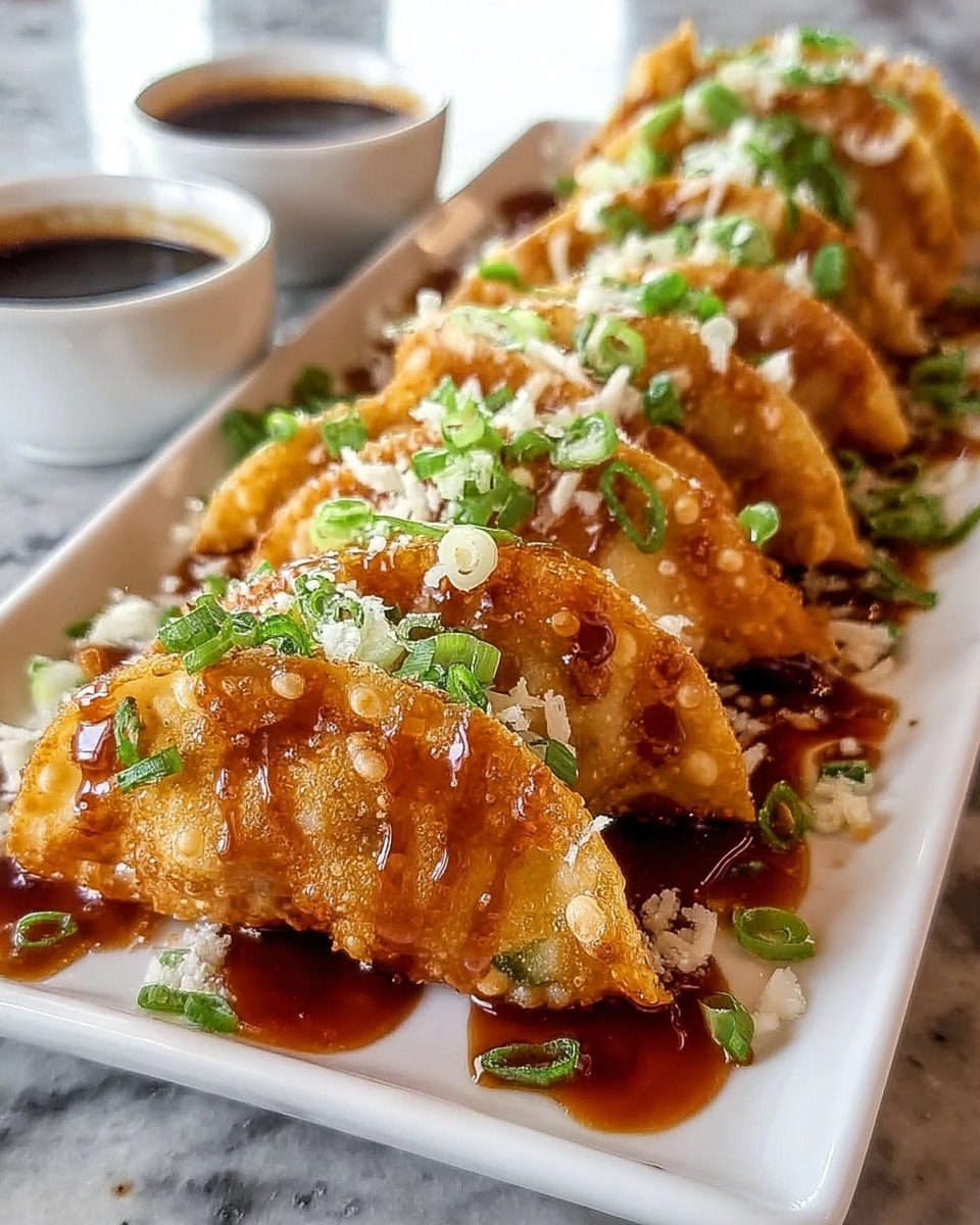A white rectangular plate holds a row of six crispy golden-brown fried wontons, each folded into a triangle shape with a textured, bubbly surface. The wontons are drizzled with two sauces: a dark, glossy sauce and a creamy white sauce, both zigzagged across the top and pooling slightly on the plate beneath. Bright green chopped scallions are sprinkled on the wontons for a fresh contrast, and small bits of light-colored crumbled topping add extra texture. Behind the plate are three small white dipping bowls filled with different dark and reddish sauces, placed on a white marbled surface. photo taken with an iphone --ar 4:5 --v 7