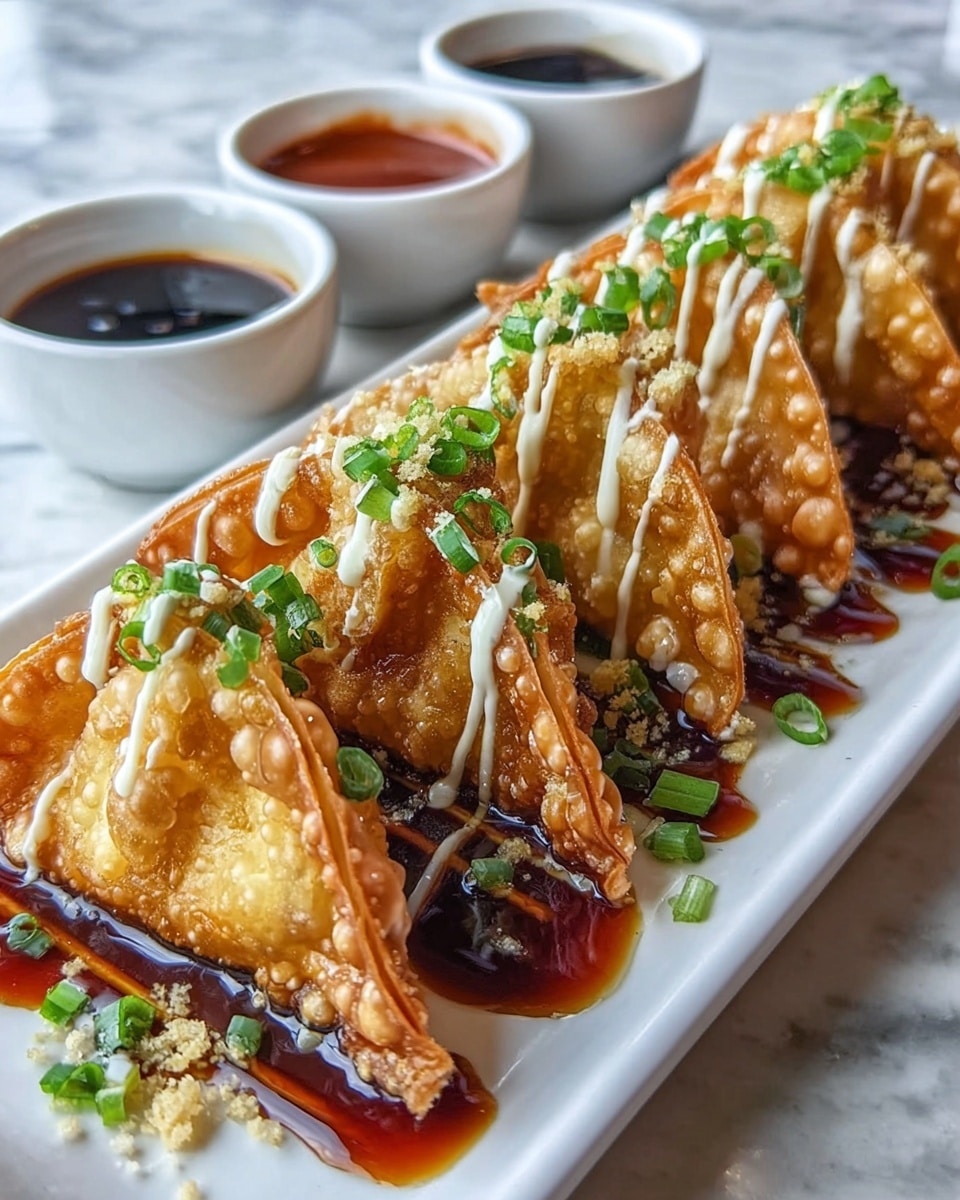A white rectangular plate holds a row of eight golden-brown fried dumplings, each with a crispy and bubbly texture. The dumplings are topped with green chopped scallions and finely shredded white cheese. A thick reddish-brown sauce is drizzled over the dumplings, pooling slightly on the white plate. In the foreground on the left side, there is a small white bowl partially visible, filled with a dark dipping sauce. The plate sits on a white marbled surface. photo taken with an iphone --ar 4:5 --v 7