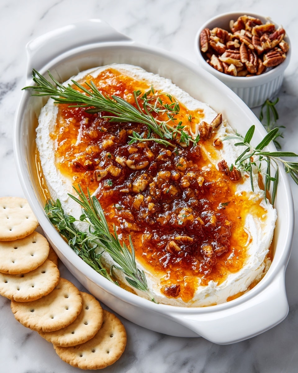 An oval white dish holds a creamy white base layer of smooth cheese spread. On top, there is a thick, shiny orange jam layer spread unevenly across the surface. Scattered on the jam are small, chopped pecans in a reddish-brown color, adding rough texture. Fresh green sprigs of herbs like rosemary and thyme are placed on top and tucked into the side, adding contrast and freshness. Near the dish, there is a small white bowl filled with more chopped pecans, and a few round white crackers with light toasty spots sit on the white marbled surface nearby. photo taken with an iphone --ar 4:5 --v 7