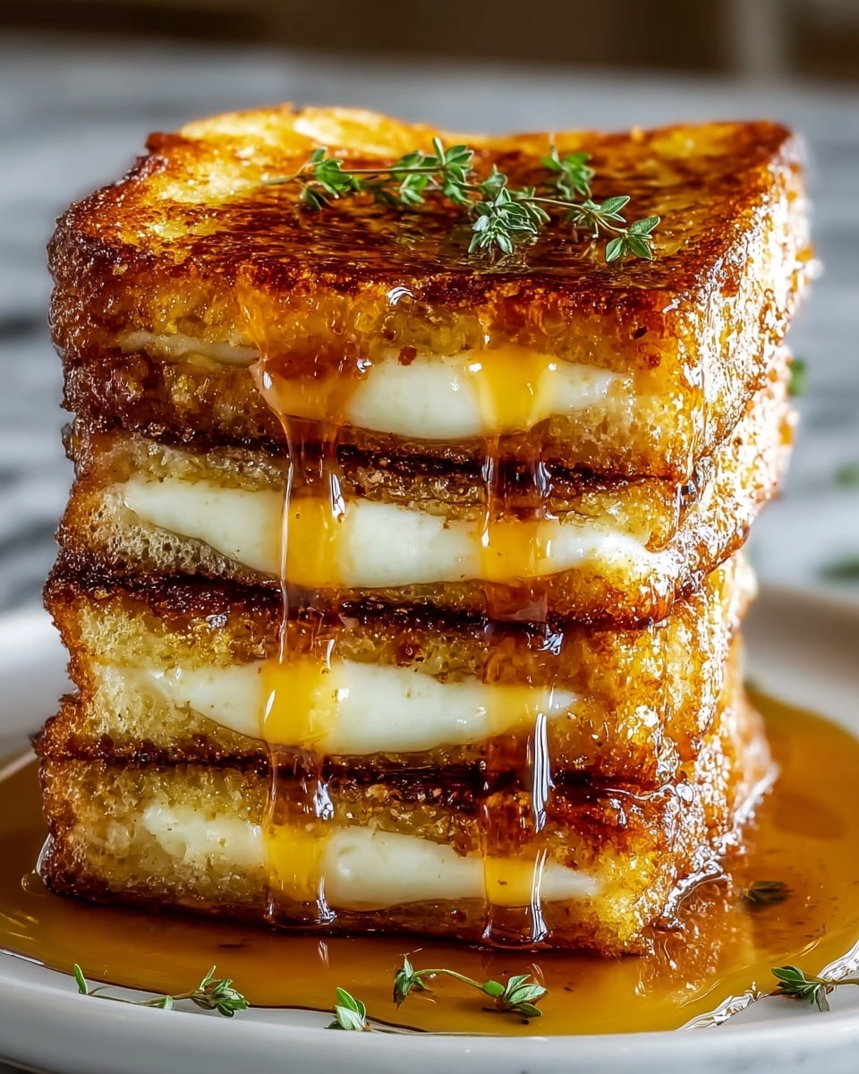 A close-up image of a stack of four grilled cheese sandwiches, each layer showing golden-brown, crispy toasted bread with a slightly bubbly texture and white melted cheese oozing out from between the slices. Thick amber-colored syrup is dripping slowly down the sides of the sandwiches, catching the light and creating a shiny gloss. On top of the stack, there are a few small green herb sprigs adding a fresh touch. The sandwiches sit on a white plate with a shallow pool of syrup around the base, placed on a white marbled surface. photo taken with an iphone --ar 4:5 --v 7