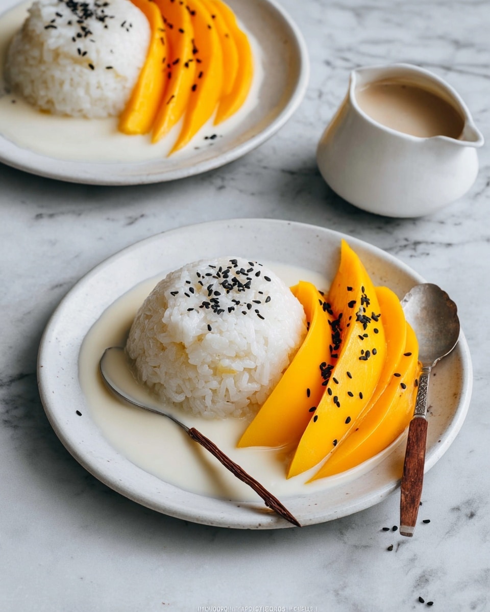 The image shows two white plates with sticky rice mango dessert placed on a white marbled surface. Each plate holds a round dome of glossy, slightly translucent white sticky rice topped with black sesame seeds. The rice sits in a pool of creamy white coconut sauce. On one side of the rice dome, there are bright orange mango slices fanned out neatly, some also sprinkled with black sesame seeds. A twisted dark spoon rests on the front plate near the mango. A small white jug with more coconut sauce is partially visible on the side. photo taken with an iphone --ar 4:5 --v 7