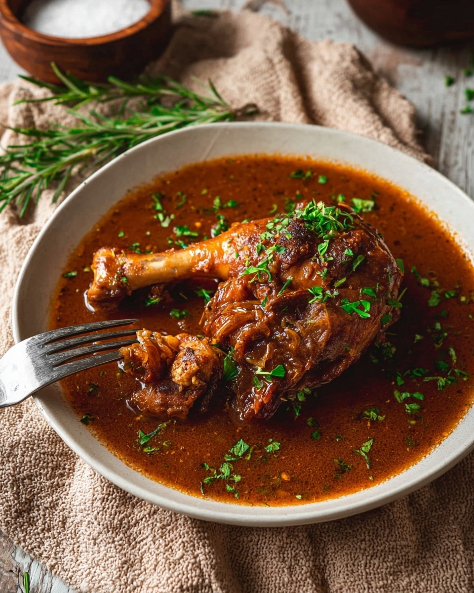 A white plate holds a rich brown stew with tender pieces of meat, showing a visible chicken leg with bone and soft meat being lifted by a silver fork on the left side. The thick sauce fills the bottom of the plate, covered with finely chopped fresh green herbs scattered on top and around the meat. The plate is set on a rough beige cloth with a white marbled surface beneath, and in the background, there is a wooden bowl filled with white salt and some sprigs of rosemary lying nearby. photo taken with an iphone --ar 4:5 --v 7