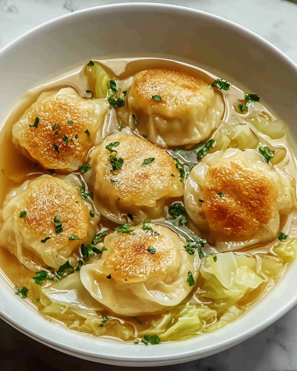 The image shows a white bowl filled with golden brown dumplings sitting in a clear broth. Each dumpling has a shiny, slightly crispy top layer with a smooth, soft texture underneath. Around the dumplings are pieces of pale green, cooked cabbage that look tender and slightly wilted. Small bits of dark green chopped herbs are sprinkled on top, adding a fresh contrast. The broth is light brown and clear, gently filling the bowl and partially covering the dumplings and cabbage. The bowl is placed on a white marbled surface. photo taken with an iphone --ar 4:5 --v 7
