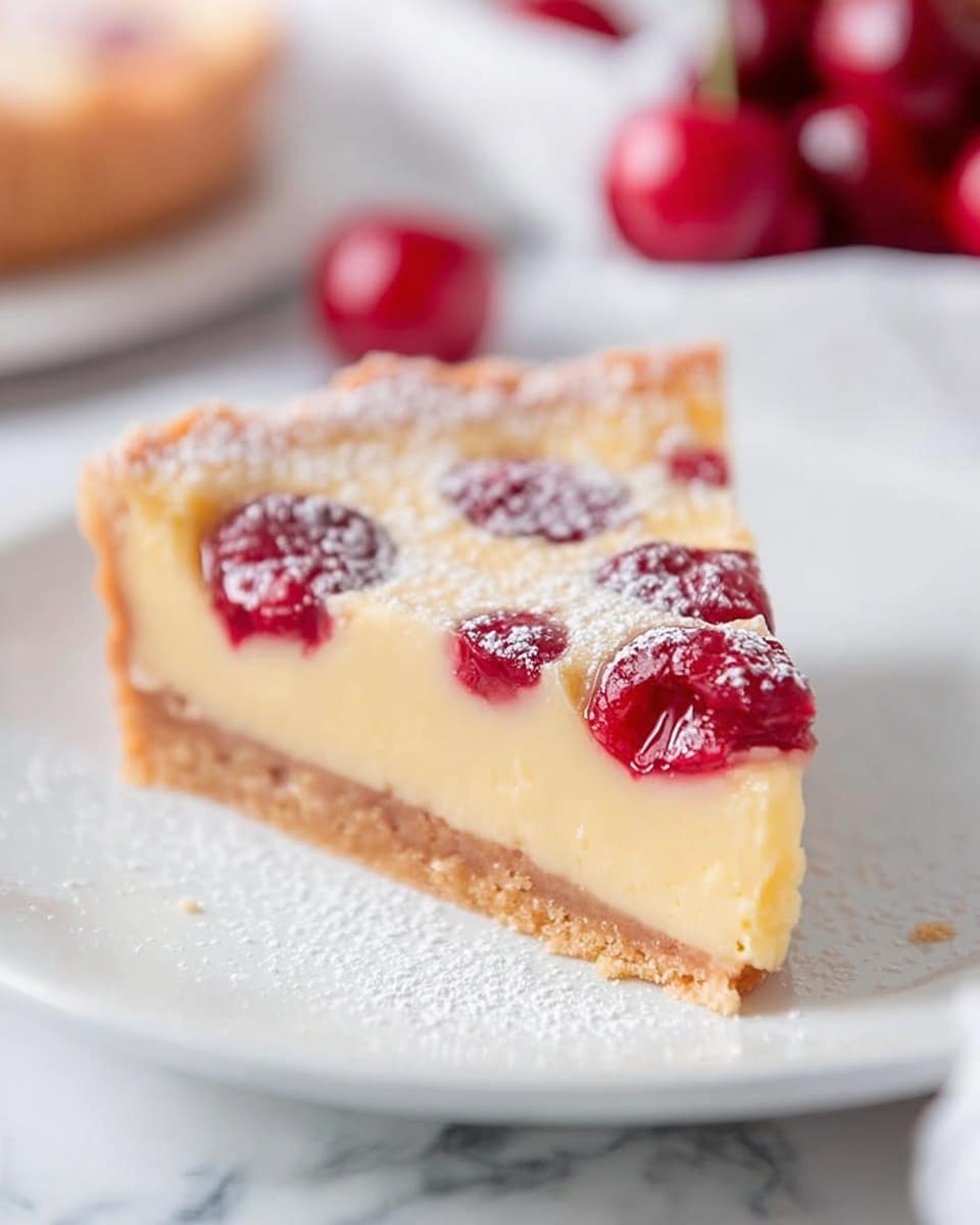 A single slice of creamy custard tart sits on a white plate, showing three clear layers: a bottom layer of light brown crumbly crust, a thick middle layer of smooth pale yellow custard, and a top layer dotted with bright red cherry halves that peek out lightly golden baked surface, dusted with a thin layer of powdered sugar. The background is a soft white marbled texture with blurred whole cherries in red tones behind. photo taken with an iphone --ar 4:5 --v 7