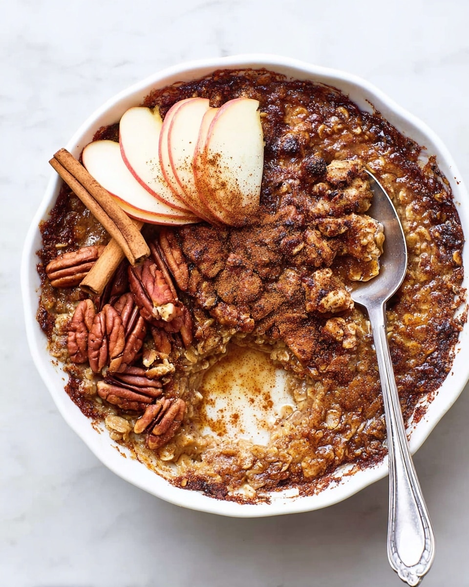 A white round shallow dish holds a baked oatmeal with a dark caramelized edge crust surrounding a soft, chunky center made of oats mixed with nuts and raisins. On the left side, thinly sliced pale pink apple pieces arranged in a small stack sit beside a cluster of whole pecans and two cinnamon sticks placed vertically in the middle. The oatmeal is topped with a sprinkle of cinnamon powder. A silver spoon rests on the right, partially submerged in the oatmeal, capturing some of the creamy texture. The dish is set on a white marbled surface. photo taken with an iphone --ar 4:5 --v 7