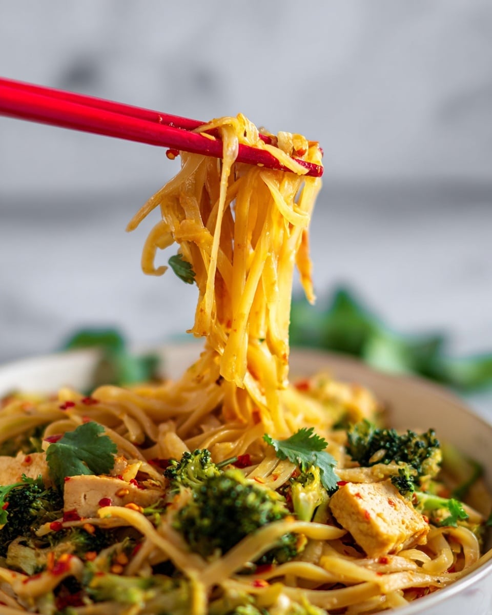 A close-up of thin yellow noodles being lifted with bright red chopsticks, showing a glossy texture with light red chili flakes. Below, a white bowl holds more noodles mixed with vibrant green broccoli florets and small pieces of light brown tofu. Some fresh green leaves, likely cilantro, are scattered around, adding a fresh look. The background has a soft focus and features a white marbled texture. photo taken with an iphone --ar 4:5 --v 7