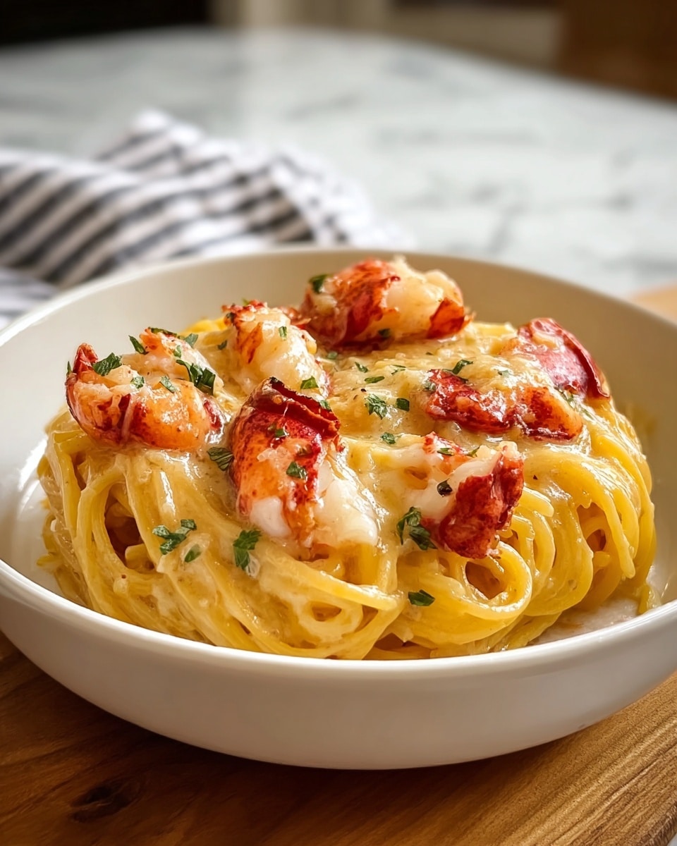 A wide white shallow bowl holds a creamy pasta dish with a bed of golden-yellow spaghetti noodles coated in a smooth, light cream sauce. Scattered evenly throughout the pasta are several plump chunks of bright red and white lobster meat. Small green herb bits garnish the top, adding a fresh color contrast. The bowl is placed on a wooden board, set against a blurred background with a white marbled texture and a striped cloth nearby. photo taken with an iphone --ar 4:5 --v 7