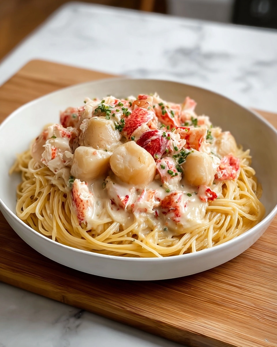 A white round shallow plate holds a nest of light yellow spaghetti noodles as the bottom layer, topped with a creamy white sauce mixed with chunks of bright red crab meat and small, round, pale beige scallops. The sauce looks smooth and coats the seafood and pasta evenly. Small green herb pieces are sprinkled on top for color contrast. The plate sits on a wooden board with a blurred white marbled surface background. photo taken with an iphone --ar 4:5 --v 7