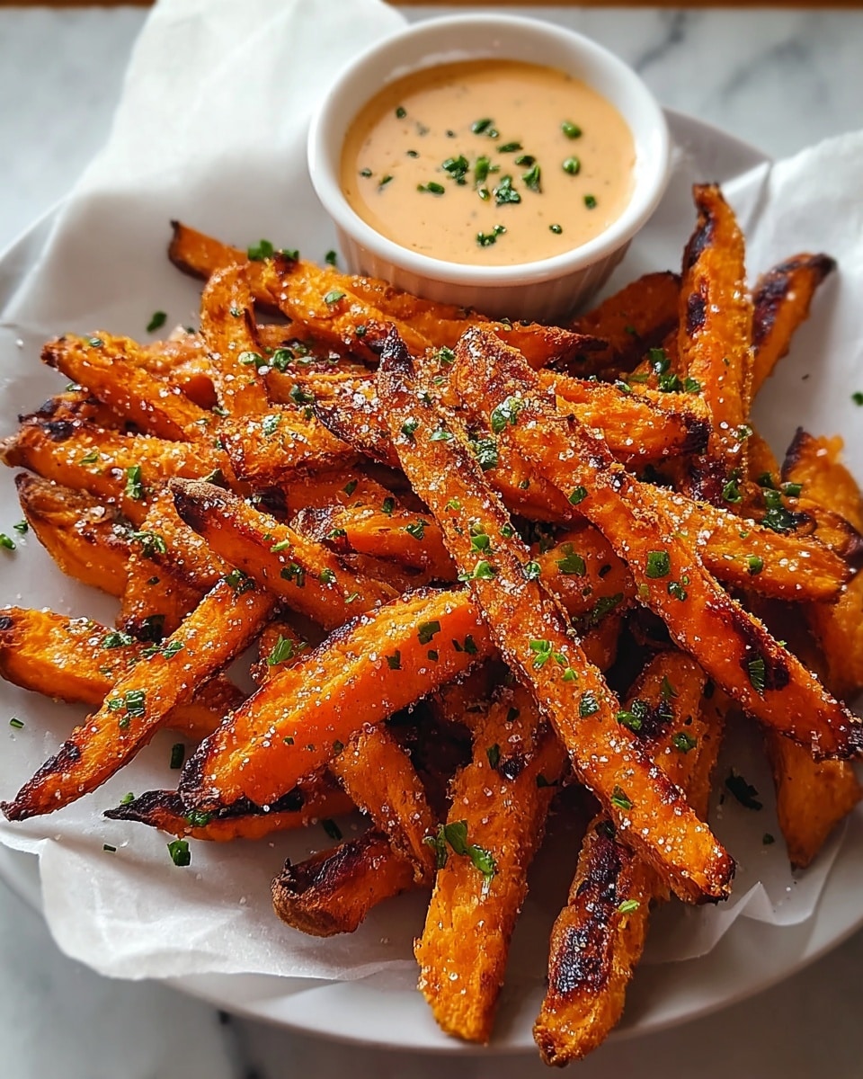 A white plate holds a pile of crispy sweet potato fries, each fry golden-orange with dark brown charred spots and visible seasoning specks. The fries are sprinkled with small green herb pieces and coarse salt crystals. In the back right of the plate, a small white bowl contains a creamy, light tan dipping sauce, also garnished with green herbs. The whole dish sits on white parchment paper over a white marbled textured surface. photo taken with an iphone --ar 4:5 --v 7