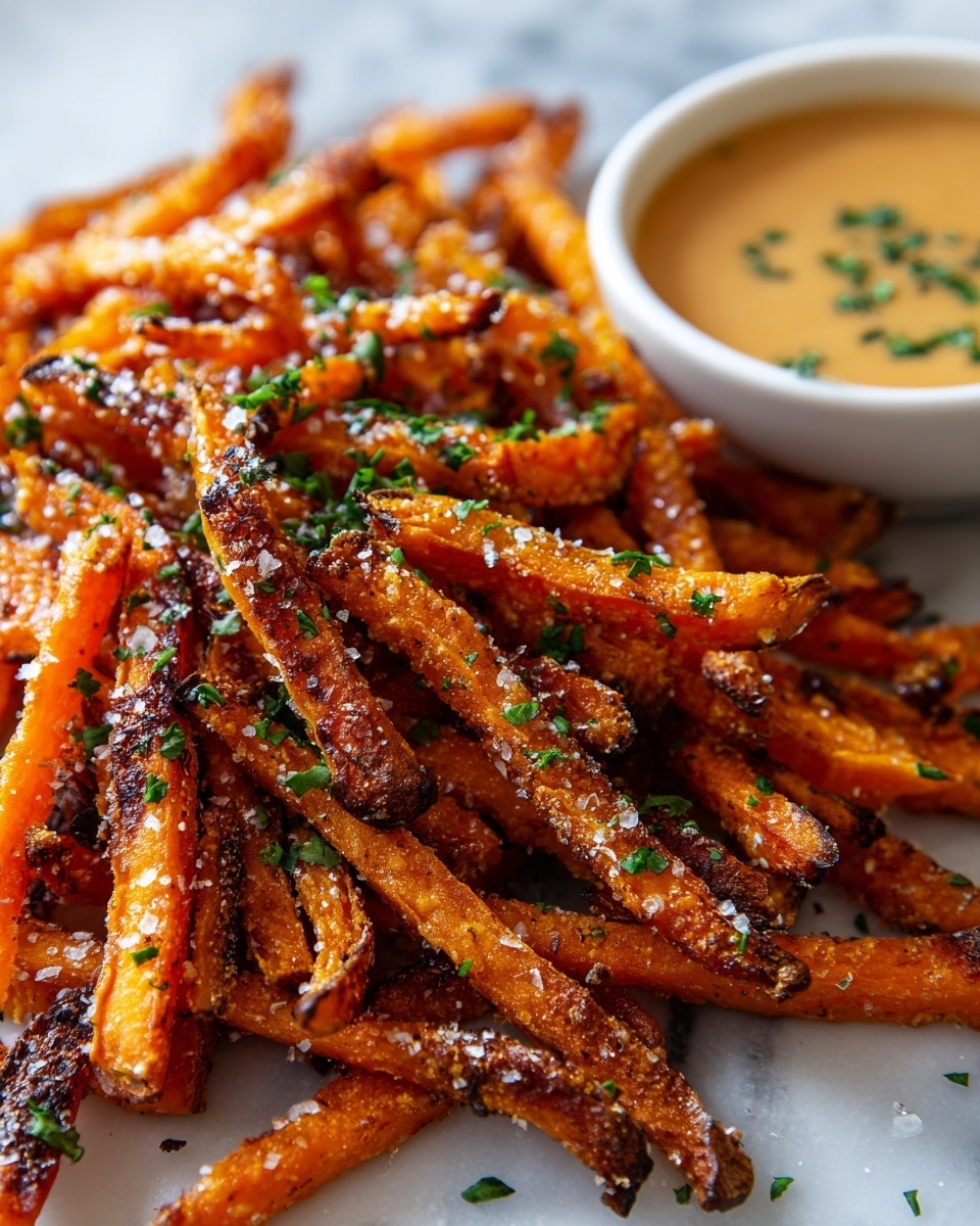 A close-up view of a pile of crispy sweet potato fries, each fry golden orange with a crunchy, slightly charred texture and a coating of small bits of seasoning and salt. The fries are sprinkled with finely chopped green herbs scattered on top. In the upper right corner, there is a small white bowl filled with creamy light brown dipping sauce that has green herb pieces on its surface. All of this is placed on a white marbled surface. Photo taken with an iphone --ar 4:5 --v 7