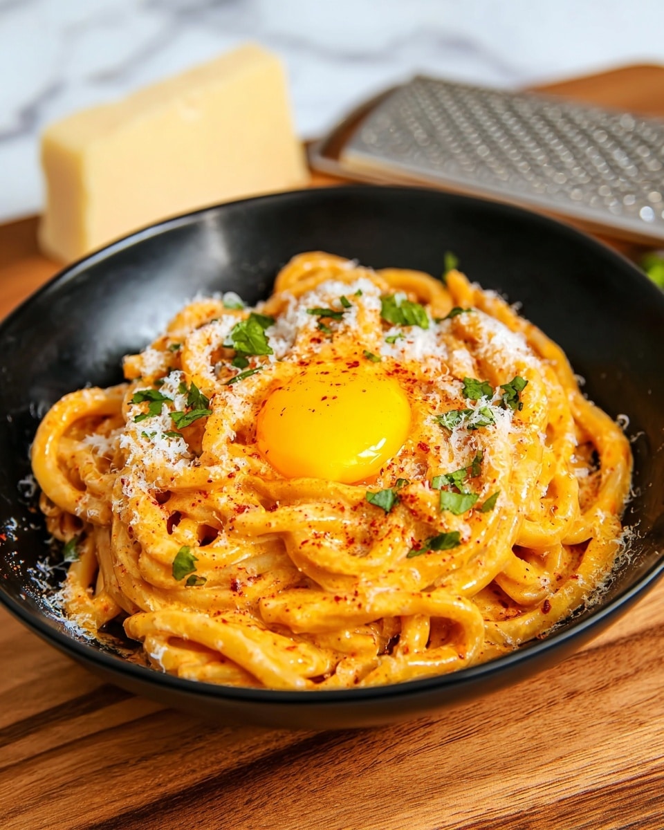 A black bowl filled with thick, udon-style noodles coated in a creamy orange sauce with visible specks of red seasoning, topped in the center with a raw egg yolk shining bright yellow. The noodles are sprinkled with finely grated white cheese and small green fresh herb leaves scattered evenly on top, adding contrast. The bowl sits on a wooden surface, with a blurred block of cheese and a grater in the background, all set against a white marbled texture. photo taken with an iphone --ar 4:5 --v 7