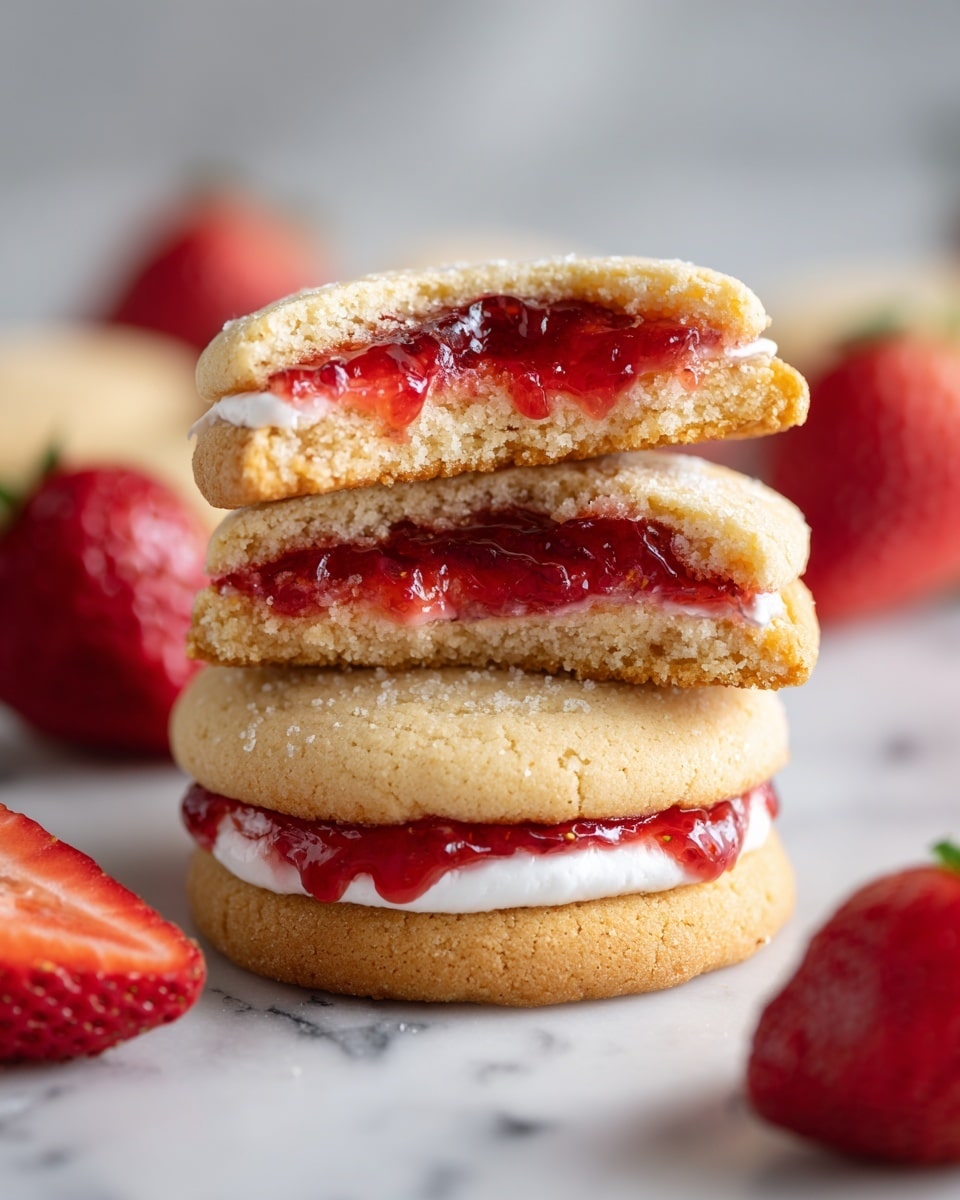 The image shows a close-up of three soft, thick cookies stacked on top of each other, with the top two broken in half to reveal layers inside. Each cookie has a light golden-brown outer layer with a slightly crumbly texture. Inside, there is a smooth white creamy layer topped by a glossy, bright red strawberry jam with visible pieces of fresh strawberry embedded in it. The cookies rest on a white marbled surface, with whole red strawberries placed around them for garnish. The shining jam contrasts with the soft cream and crumbly cookie base, making the layers distinct and colorful. photo taken with an iphone --ar 4:5 --v 7