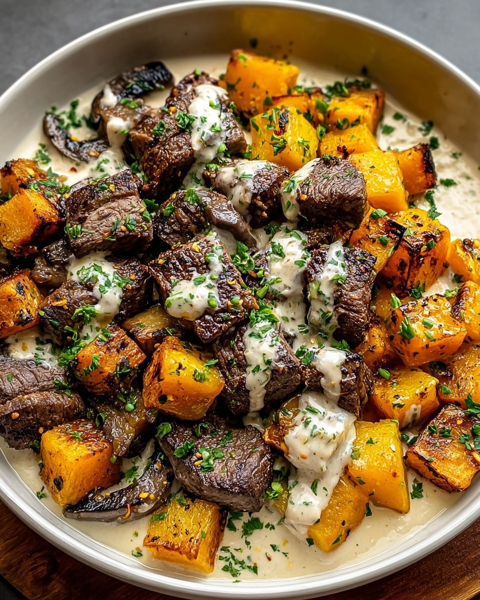 A white bowl filled with a layer of creamy white sauce at the bottom, topped with charred golden-yellow roasted squash cubes scattered around three-quarters of the bowl, and seared dark brown beef cubes with a slightly crispy outer texture piled in the center and overlapping the squash. The beef is drizzled with the creamy sauce, sprinkled with finely chopped green herbs, and small herbs are scattered on the squash, all creating a fresh and rich look. Photo taken with an iphone --ar 4:5 --v 7
