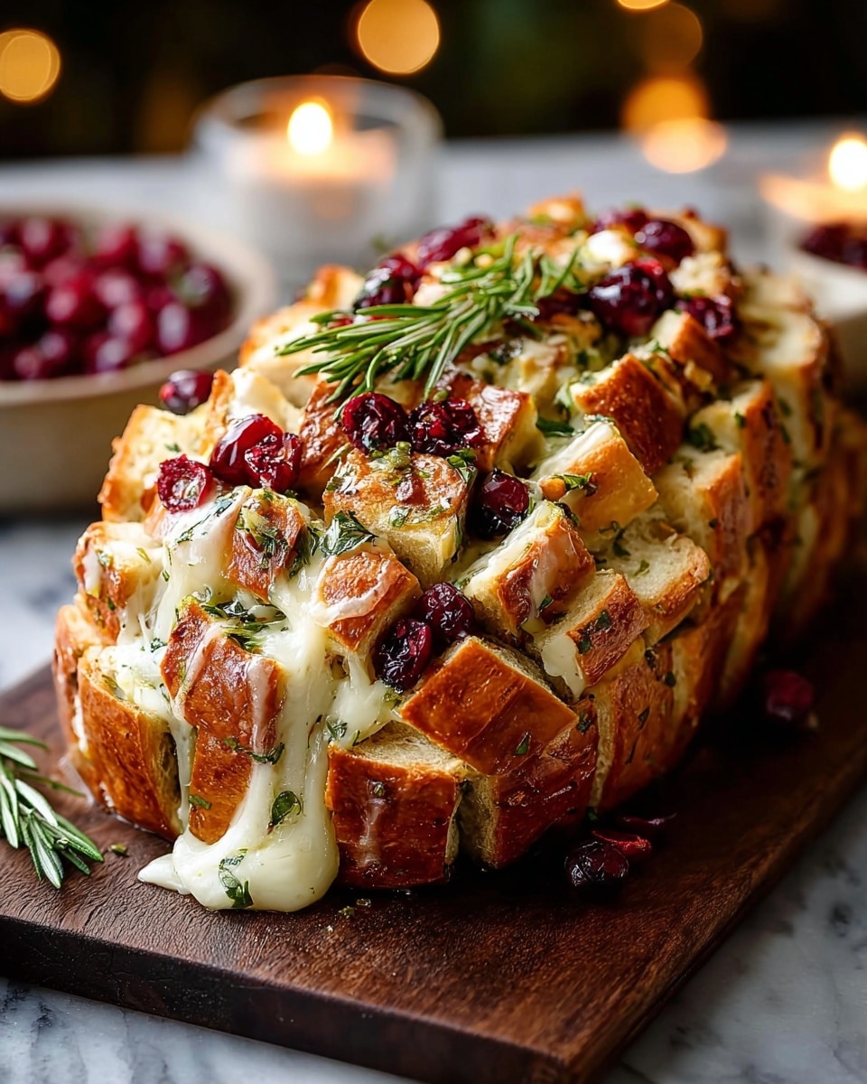 A loaf of golden-brown bread is sliced in a crisscross pattern, with melted white cheese oozing out between the soft bread squares. Bright red cranberries are scattered on top and inside the bread, adding pops of red color. Green sprigs of rosemary are placed on top for decoration, with bits of chopped herbs sprinkled throughout. The bread is placed on a dark wooden board, creating a contrast with the cheese and cranberries. The background shows blurred candlelight and bowls of cranberries, resting on a white marbled texture. photo taken with an iphone --ar 4:5 --v 7