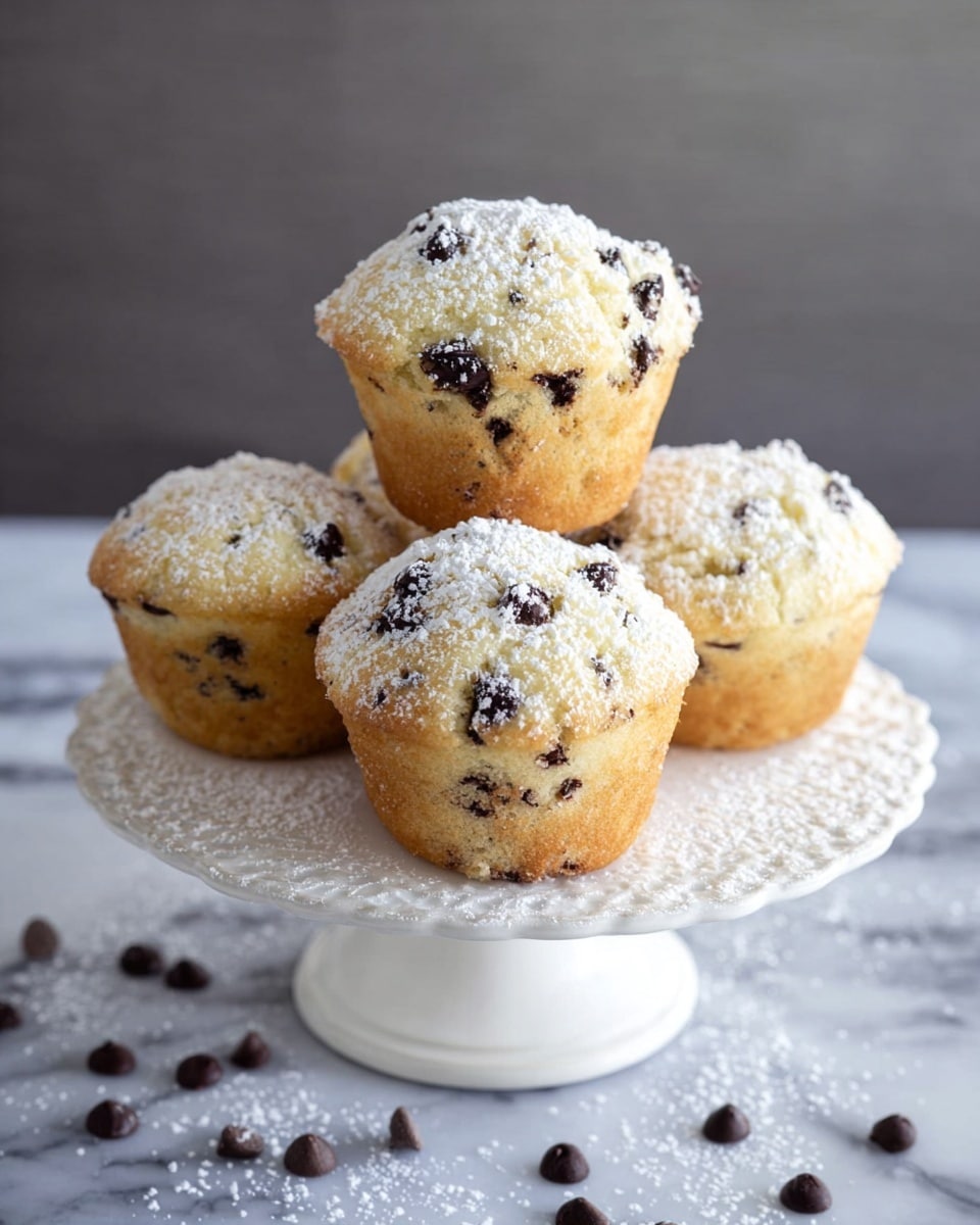 A white cake stand holds five light golden-brown chocolate chip muffins, each with a soft, slightly crumbly texture and visible dark chocolate chips scattered throughout. The muffins are arranged in a small pyramid with three on the bottom, one in the middle, and one on top. A fine dusting of white powdered sugar gently covers the tops of the muffins, adding a delicate, powdery texture. The background is a white marbled surface with a few scattered chocolate chips and more powdered sugar dust around the base of the stand. The lighting softly highlights the muffins' texture and sugar dust. photo taken with an iphone --ar 4:5 --v 7
