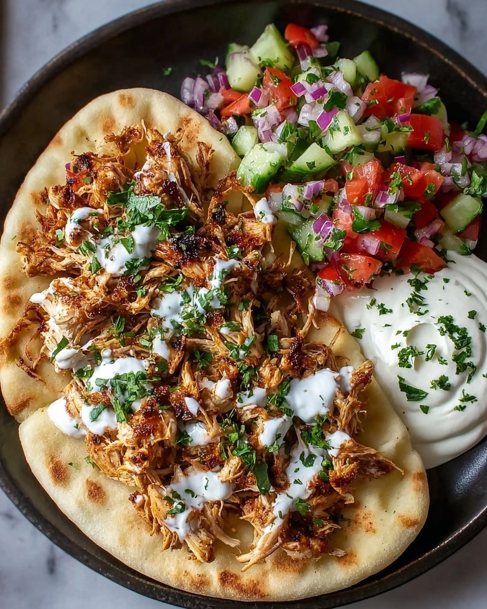 A close-up of a white plate with one thick pita bread as the base, topped with shredded, golden-brown grilled chicken mixed with some charred bits, generously sprinkled with white creamy sauce and chopped green herbs. On the right side of the plate, there is a colorful salad made of diced red tomatoes, green cucumber, and purple onions, with green herbs on top. Next to the salad is a smooth, white creamy dip sprinkled with finely chopped green herbs. All of this is placed on a white marbled surface, photo taken with an iphone --ar 4:5 --v 7