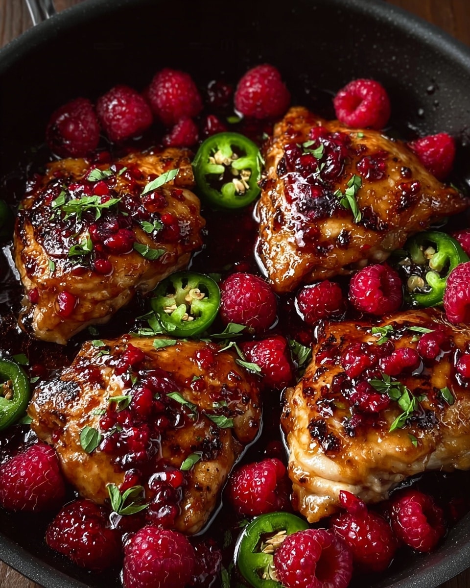 The image shows four pieces of grilled chicken in a black pan, each piece covered with a shiny, dark red sauce. Scattered around and on the chicken are fresh red raspberries, bright green slices of jalapeño pepper, and small green herb leaves. The chicken has a golden-brown texture with some char marks. The sauce looks thick and glossy, pooling slightly around the chicken. The overall colors are warm with reds and greens contrasting the dark pan and the rich chicken tones. Photo taken with an iphone --ar 4:5 --v 7