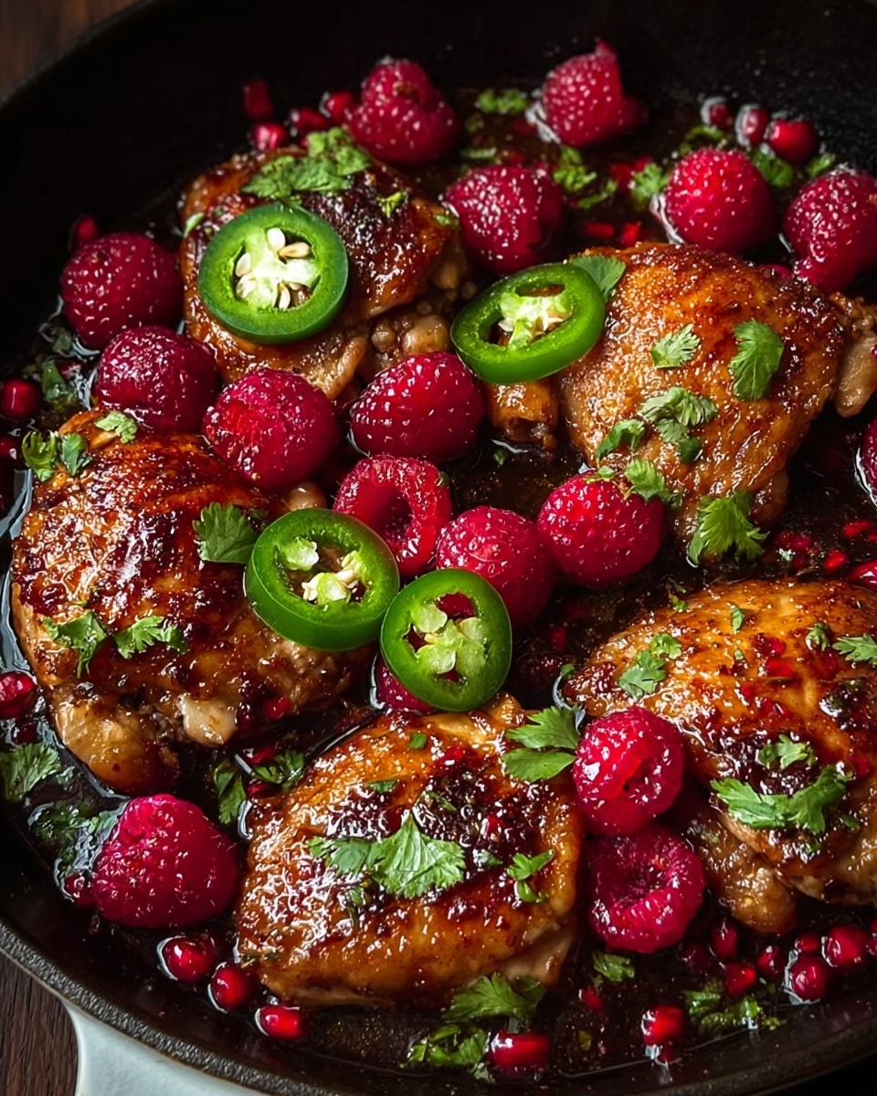 This image shows a close-up of five browned chicken pieces in a dark pan with a shiny dark sauce. Bright red raspberries are scattered both on the chicken and around in the sauce, adding vibrant color. Slices of green jalapeño peppers rest on two chicken pieces, showing fresh seeds and a smooth texture. Bright green cilantro leaves are sprinkled across the dish, adding a fresh green contrast to the warm colors. The pan edge and a small part of white marbled surface are visible at the bottom, making the dish look rich and inviting. photo taken with an iphone --ar 4:5 --v 7