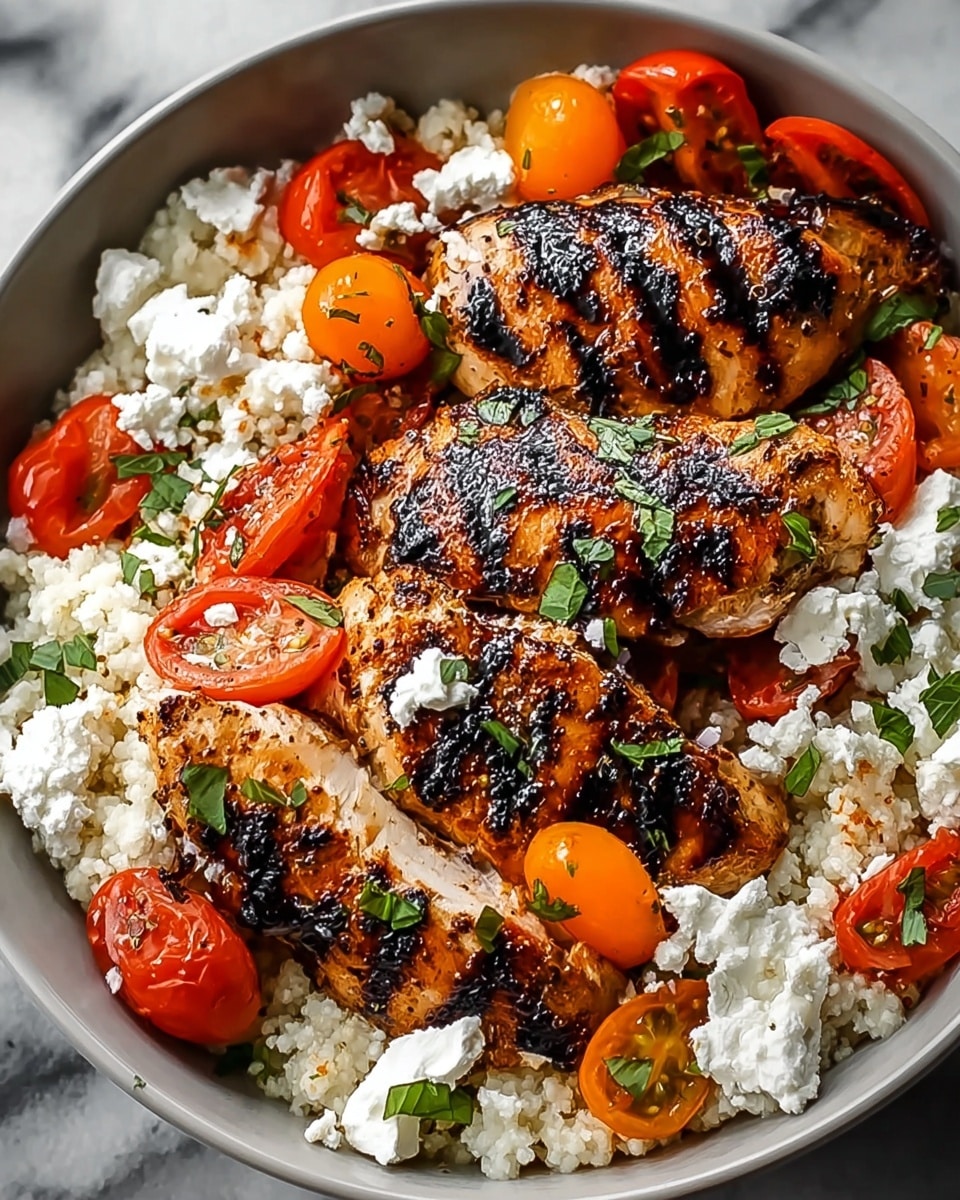 A white bowl filled with three pieces of grilled chicken with dark brown char marks on top, resting on a bed of white cauliflower rice. Around and under the chicken are slices of roasted red and orange tomatoes. Small dollops of white goat cheese and scattered chopped fresh green herbs are sprinkled over the chicken and tomatoes. The bowl is placed on a white marbled surface. photo taken with an iphone --ar 4:5 --v 7