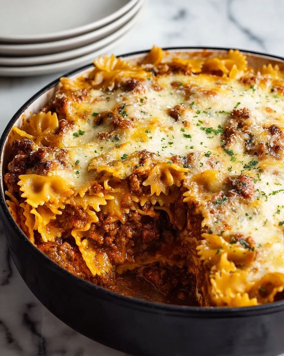 A black round baking dish filled with baked pasta, showing multiple layers starting with cooked farfalle pasta at the bottom, mixed with a thick, rich meat sauce in a deep brownish-red color. Above that is another thick layer of pasta and meat sauce, topped with a layer of melted golden and white cheese, slightly browned and bubbly, garnished with small green herbs sprinkled on top. The dish has a scoop taken out, revealing the soft, saucy layers inside. The dish is placed on a surface with a white marbled texture and a stack of white plates is seen in the background. Photo taken with an iphone --ar 4:5 --v 7