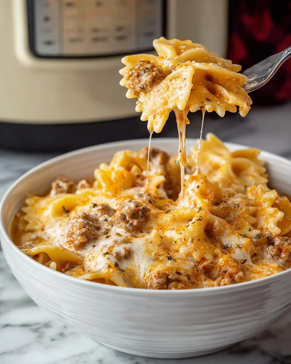 A white bowl filled with layers of farfalle pasta in a light yellow color, mixed with a creamy sauce that has a rich orange tint. The sauce is thick and smooth with bits of browned ground meat throughout. On top, there is melted cheese that stretches in strings as a fork lifts a bite from the bowl. The cheese is golden and slightly browned in some spots, adding texture and richness to the dish. The background shows a blurred beige kitchen appliance and the surface is a white marbled texture. Photo taken with an iphone --ar 4:5 --v 7