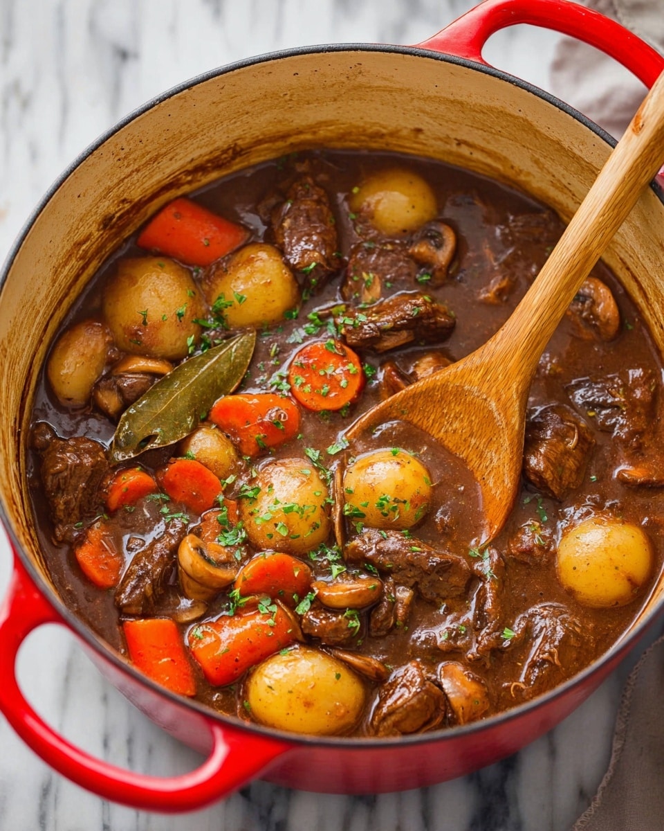 A red pot filled with a thick beef stew showing three main layers: the rich brown sauce covers the entire dish, vibrant chunks of orange carrots and yellow baby potatoes float near the top, and tender brown beef pieces and sliced mushrooms are mixed throughout. Small green parsley bits are scattered on top, with a single bay leaf adding detail. A wooden spoon rests inside the pot, stirring the stew. The pot sits on a white marbled surface photo taken with an iphone --ar 4:5 --v 7