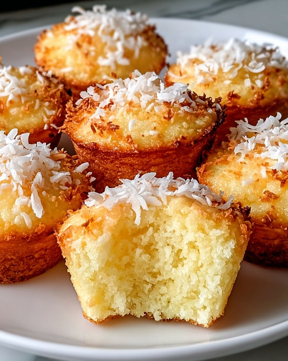 The image shows several small coconut cupcakes arranged on a white plate with a white marbled background. Each cupcake has one visible layer of soft, light yellow sponge with a slightly browned edge. The top layer is golden brown, textured, and sprinkled with white shredded coconut that adds a fluffy and delicate touch. One cupcake at the front is split open, revealing the moist, crumbly inside of the yellow sponge cake. The cupcakes are closely set together, highlighting their golden tops and white coconut shreds. Photo taken with an iphone --ar 4:5 --v 7