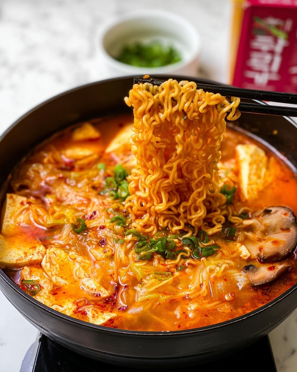 A close-up of a black pot filled with bright orange-red spicy broth with visible chili flakes and oil, containing soft, curly yellow noodles being lifted by black chopsticks held by a woman's hand from the top right. The soup has several layers: the noodles on top showing a wavy texture, chunks of pale beige tofu and light brown mushrooms spread around, and pieces of white cabbage and green onions scattered throughout. The base layer is the rich, slightly oily orange broth. In the blurred white marbled background, there is a small white bowl with green chopped herbs and a red container with Korean writing. photo taken with an iphone --ar 4:5 --v 7