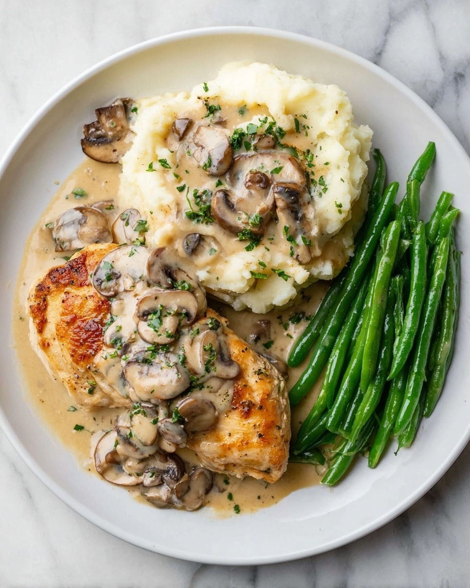 A white plate holds a meal with three main parts: a golden-brown cooked chicken breast placed slightly to the left, covered partly with creamy mushroom sauce containing sliced light brown mushrooms and scattered green herbs; next to it on the right is a large scoop of fluffy mashed potatoes topped with more mushroom sauce and herbs; to the far right, there is a neat bundle of bright green, cooked green beans. The plate sits on a white marbled surface. photo taken with an iphone --ar 4:5 --v 7