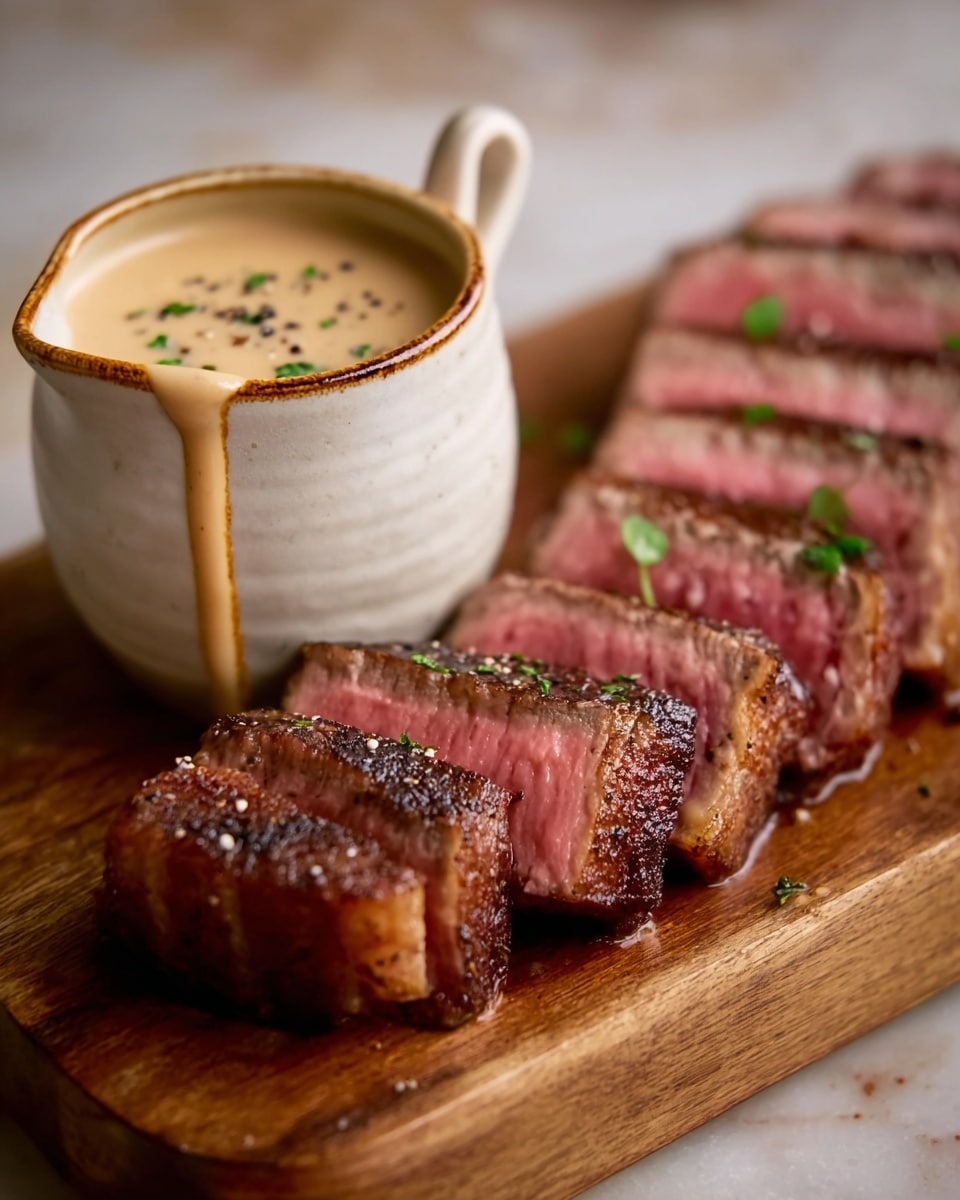 The image shows a close-up of a thick sliced steak with a medium-rare pink center and a well-cooked brown crust, arranged in a row on a wooden board, with a small cream-colored ceramic pitcher next to it filled with a light brown creamy sauce that is slightly dripping down the side, with a sprinkle of green herbs and pepper on top, all placed on a white marbled surface. photo taken with an iphone --ar 4:5 --v 7