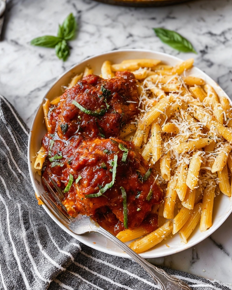 A dish on a white plate with two main layers: on one side, golden-yellow penne pasta sprinkled with grated white cheese, showing a slight shine and soft texture; on the other side, several pieces of meat covered with thick, red tomato sauce with visible herbs and chunks, topped with thin green basil strips and some grated white cheese; a fork rests on the pasta side, the plate set on a white marbled surface with a gray and white striped cloth nearby. photo taken with an iphone --ar 4:5 --v 7