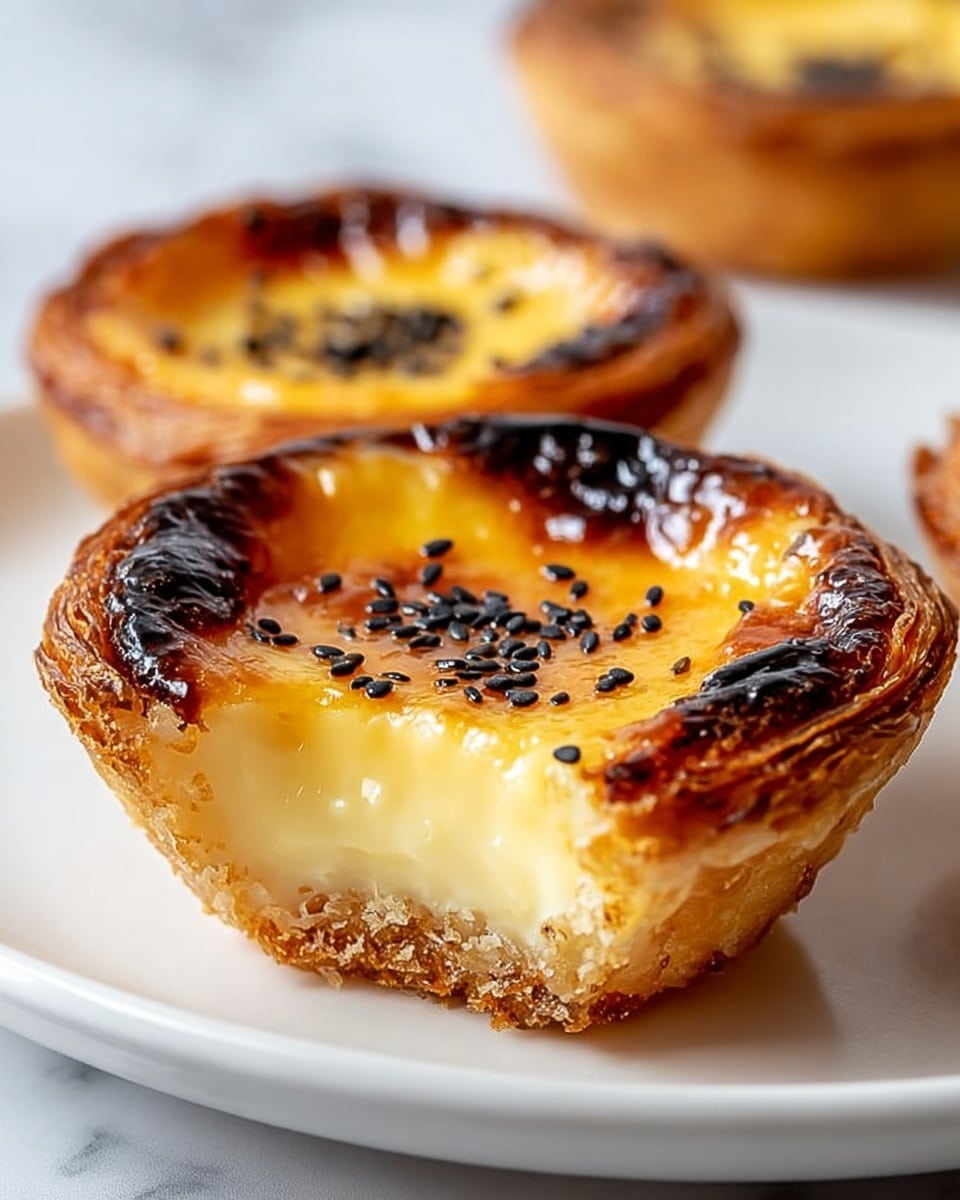 A close-up of a Portuguese egg tart sitting on a white plate placed on a white marbled surface, showing three clear layers: the bottom layer is a golden-brown flaky pastry crust with a rough texture; the middle layer is a smooth and creamy pale yellow custard filling; the top layer is a glossy, caramelized surface with dark brown spots and black sesame seeds sprinkled in the center, with some scattered black seeds around the plate. In the blurred background, two more egg tarts can be seen. photo taken with an iphone --ar 4:5 --v 7