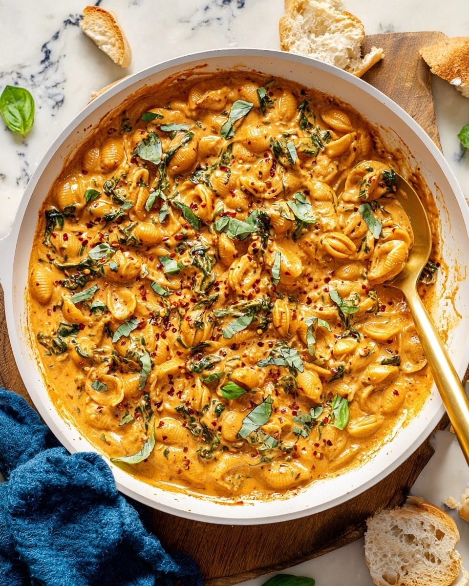 A large white pan filled with a creamy orange sauce mixed with white beans and wilted green spinach leaves, topped with chopped fresh green basil and a few whole basil leaves placed on top for garnish. The sauce has a thick texture with small browned bits showing it was cooked well. The pan is on a wooden board with scattered green basil pieces and slices of toasted white bread around on a white marbled surface, and a blue cloth is partially visible under the board. photo taken with an iphone --ar 4:5 --v 7