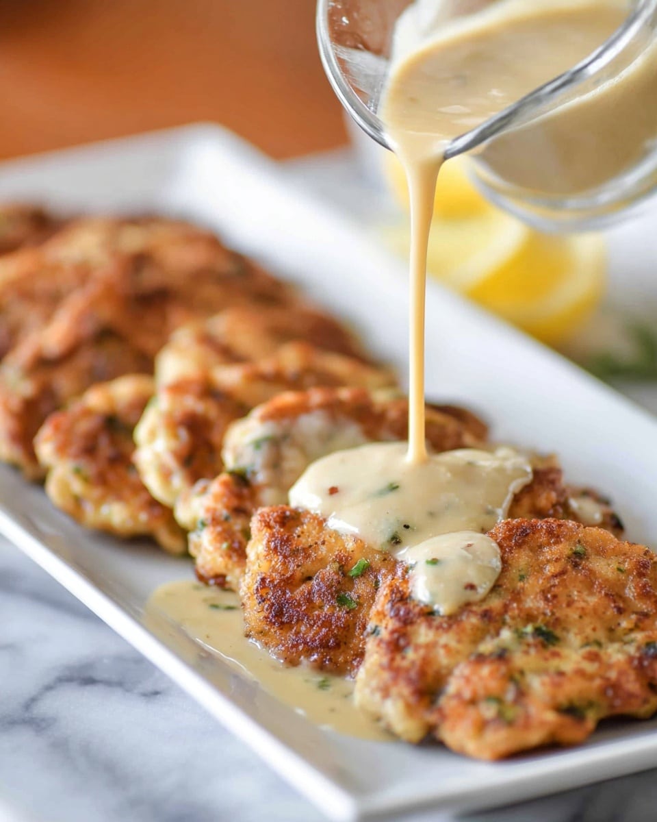 A close-up view of a stack of three golden-brown fritters on a white plate, each fritter showing a crispy textured edge with small green herb specks and black pepper dots scattered across the surface. The layers slightly overlap, revealing the uneven, rustic edges and varying thickness of each fritter. The background has a soft focus with a warm orange tone, while the plate rests on a white marbled texture. photo taken with an iphone --ar 4:5 --v 7