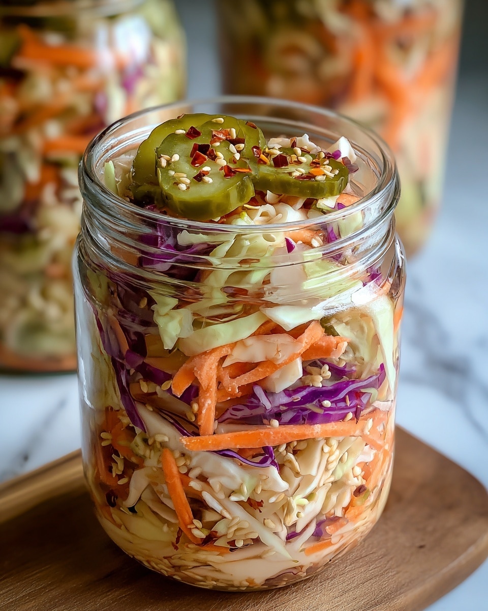 The image shows a clear glass jar filled to the top with a colorful mixture of shredded vegetables and pickles. The base layer is made up of light beige cabbage shreds mixed with thin strips of pale green celery. Above that are vibrant layers of orange carrot shreds and thin slices of purple cabbage, adding bright pops of color. On top, there is a slice of glossy green pickle with seeds visible, sprinkled with red chili flakes and sesame seeds. The mixture looks fresh and slightly moist, with some light brown seeds scattered throughout. The jar sits on a wooden board, and the soft background includes another jar and a blurred white marbled texture surface. photo taken with an iphone --ar 4:5 --v 7
