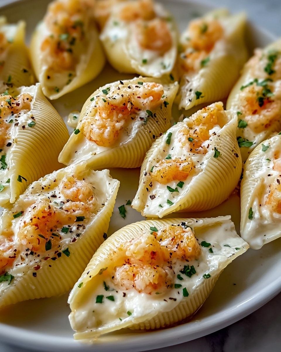 The image shows a close-up of large pasta shells arranged closely on a white plate filled with a creamy white sauce. Each shell holds a smooth, rich white cheese filling topped with small, golden-brown baked shrimp pieces that have a slightly crispy texture. The dish is sprinkled evenly with finely chopped green herbs and small black pepper flakes, adding a touch of color and contrast. The shells’ ridged edges are clearly visible, and the soft light reflects gently off the creamy sauce, all set on a white marbled surface. Photo taken with an iphone --ar 4:5 --v 7
