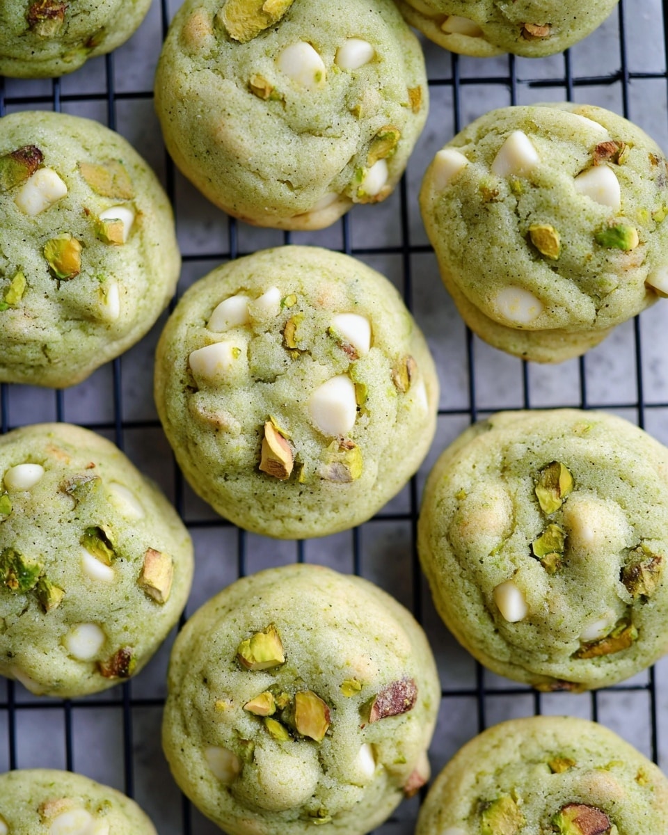 The image shows several small, round cookies arranged closely on a black cooling rack. Each cookie has a soft, slightly puffy texture with a pale green color as the base layer, mixed with chunks of white chocolate chips and small pieces of pistachios scattered throughout the surface, adding white and light brown-green accents. The cookies have gentle cracks and a matte finish, giving a fresh-baked look. The background beneath the rack is a white marbled texture. photo taken with an iphone --ar 4:5 --v 7