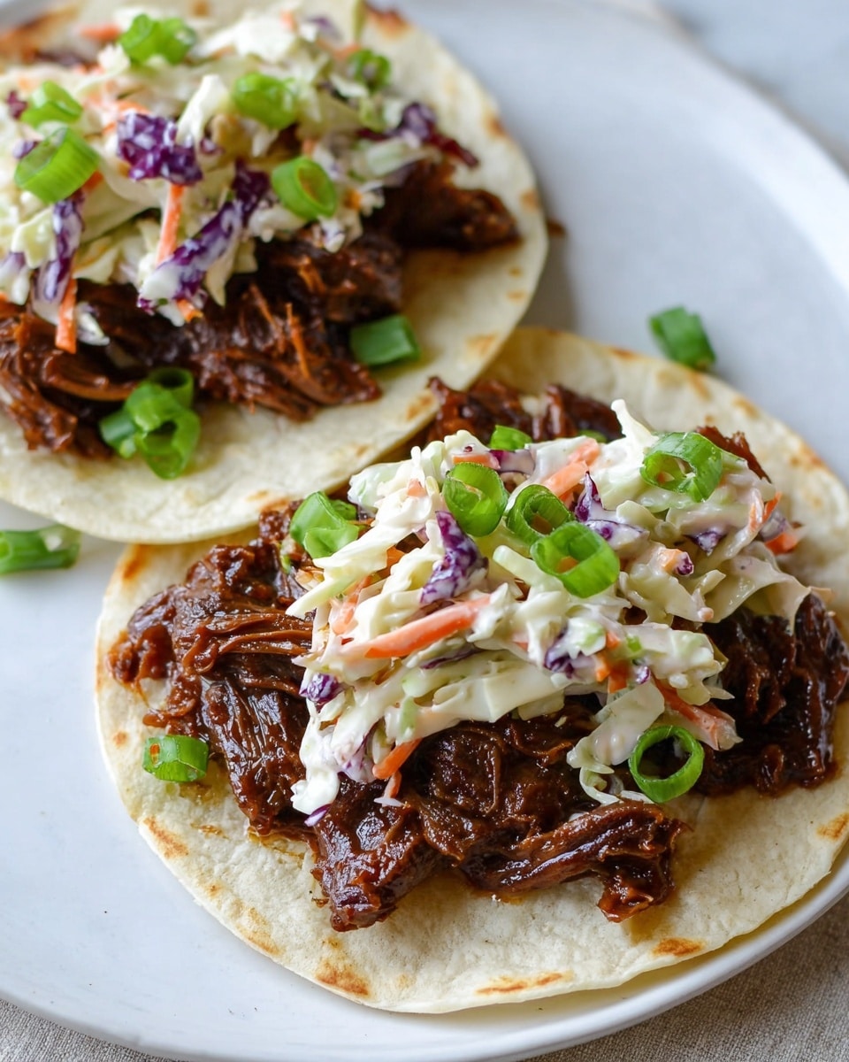 Two small white corn tortillas lay flat on a white plate with a white marbled background. Each tortilla holds a thick layer of dark brown, shredded, saucy meat covering most of its surface. On top of the meat, there is a layer of creamy coleslaw mixed with small pieces of orange carrot and pale green and purple cabbage. Scattered bright green sliced scallions decorate the coleslaw and meat, adding fresh color contrast. The overall texture is soft and juicy from the meat with a creamy crunch from the coleslaw. Photo taken with an iphone --ar 4:5 --v 7