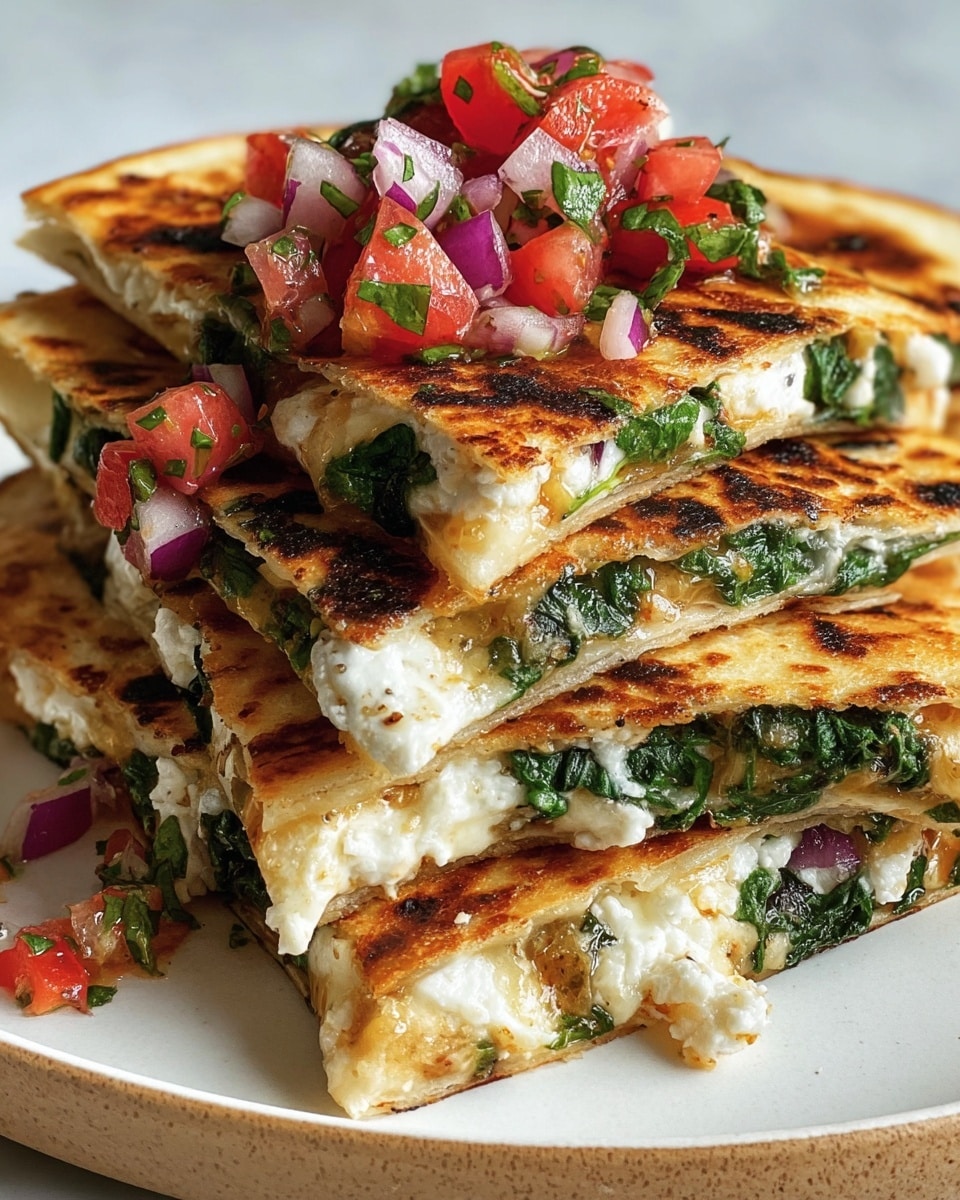 The image shows a stack of grilled quesadilla slices on a white plate with a white marbled texture background. Each quesadilla is made of two golden brown, slightly charred tortilla layers with a soft and crispy texture. Between the tortilla layers, there is a filling of white, crumbly cheese, bright green cooked spinach, and bits of caramelized onions that add a light brown color. On top of some quesadilla slices, there is a fresh salsa layer made of small pieces of red tomatoes, purple onions, and chopped green herbs, adding vibrant colors and a fresh texture to the dish. The quesadilla slices are stacked unevenly, showing the layers clearly. Photo taken with an iphone --ar 4:5 --v 7