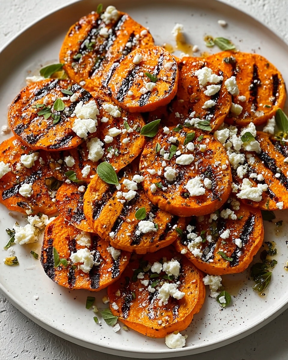 A white plate holds about ten grilled sweet potato rounds arranged closely, each slice showing a bright orange color with charred black grill marks creating a textured pattern on the surface; on top of every slice are small crumbles of white cheese scattered unevenly, and green herb leaves are sprinkled around and on the slices, adding a fresh touch against the orange and white. The plate sits on a white marbled textured surface. photo taken with an iphone --ar 4:5 --v 7